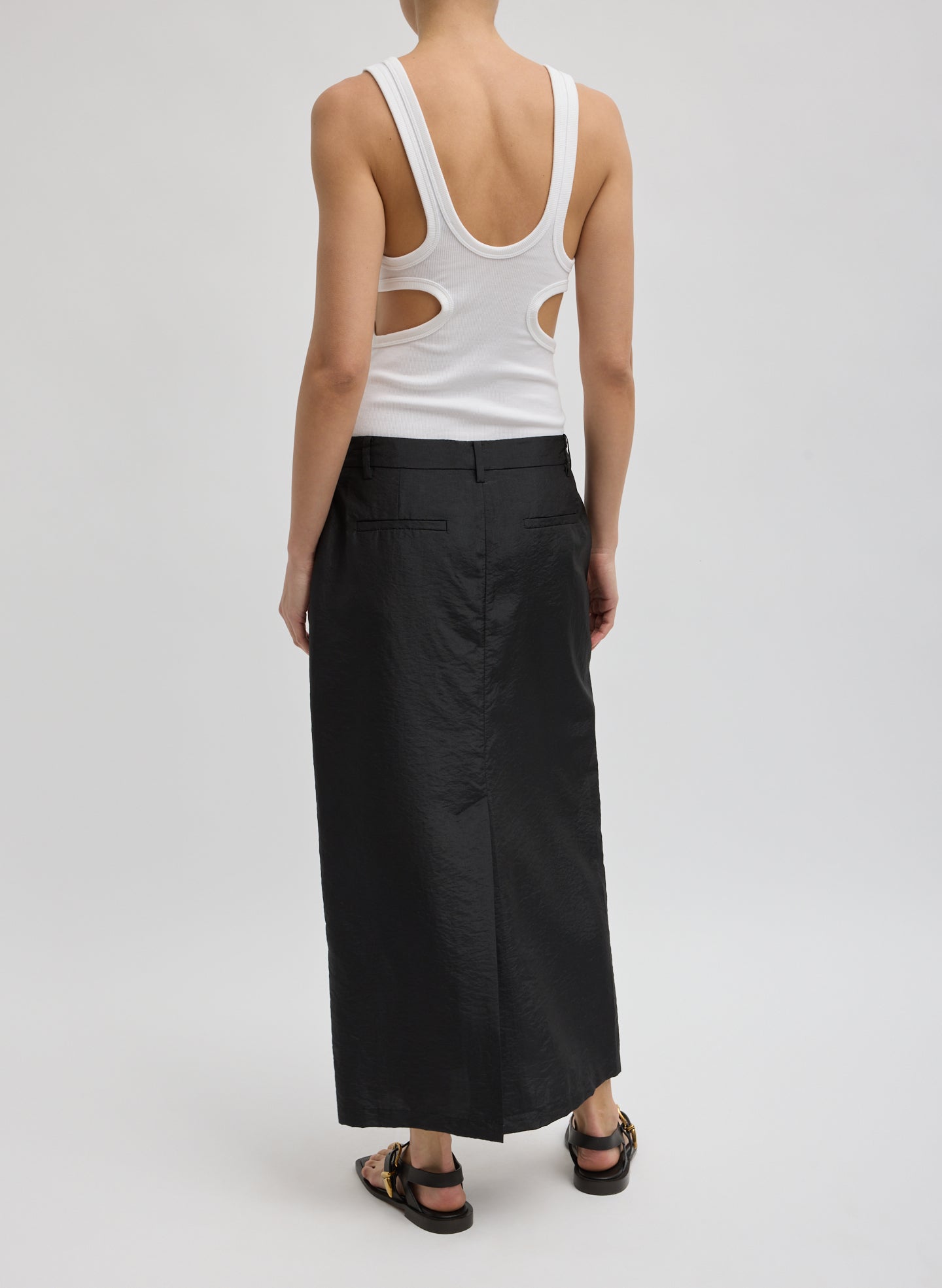 Black Crispy Nylon Maxi Skirt - trouser skirt, back view on model