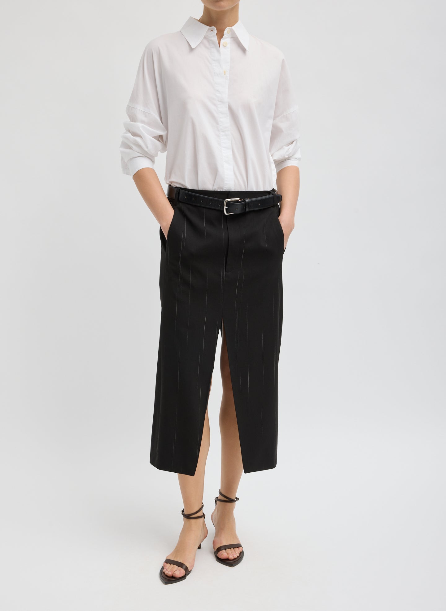 Viscose Suiting Midi Trouser Skirt - front view on model