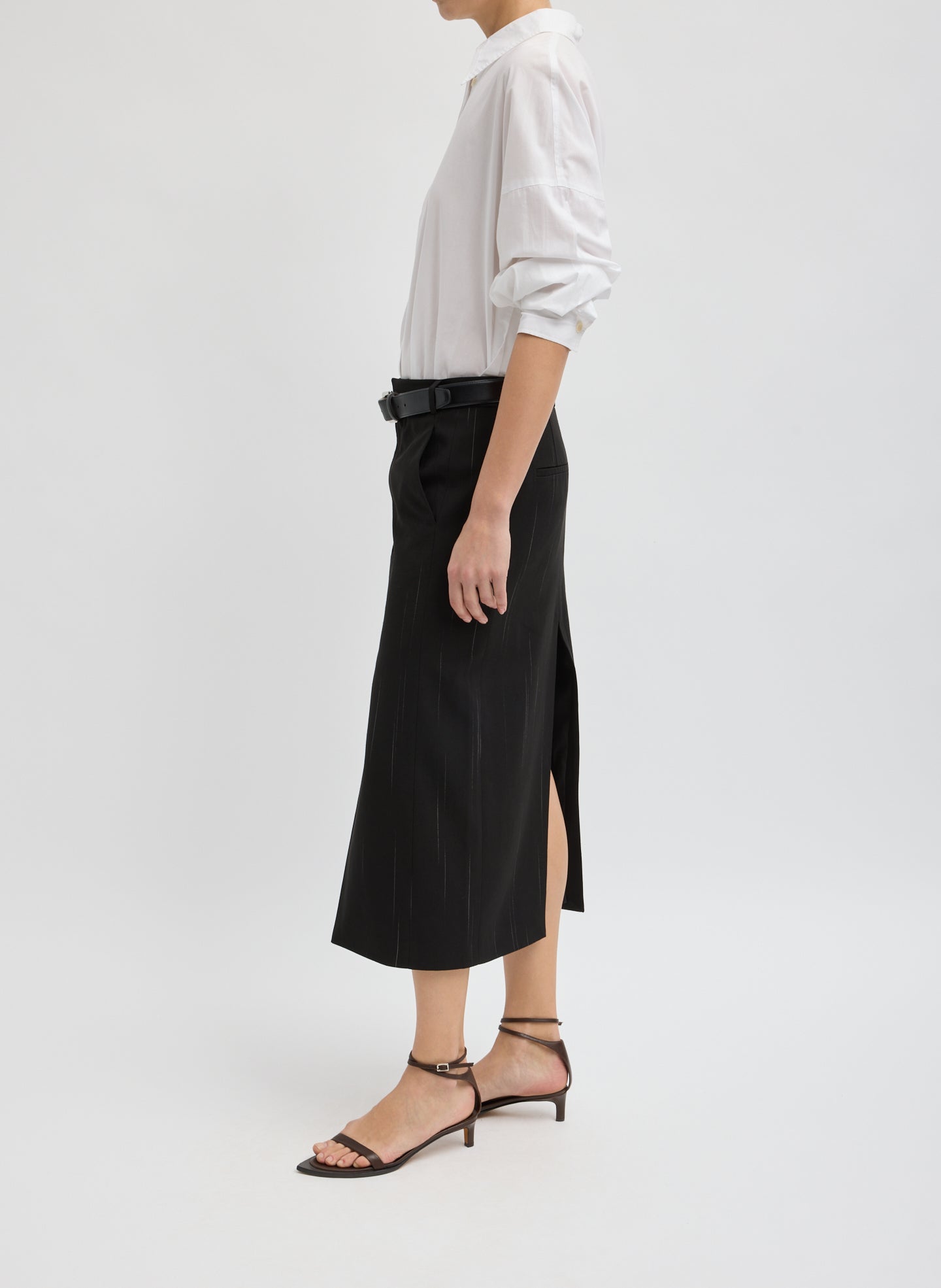 Viscose Suiting Midi Trouser Skirt - side view on model