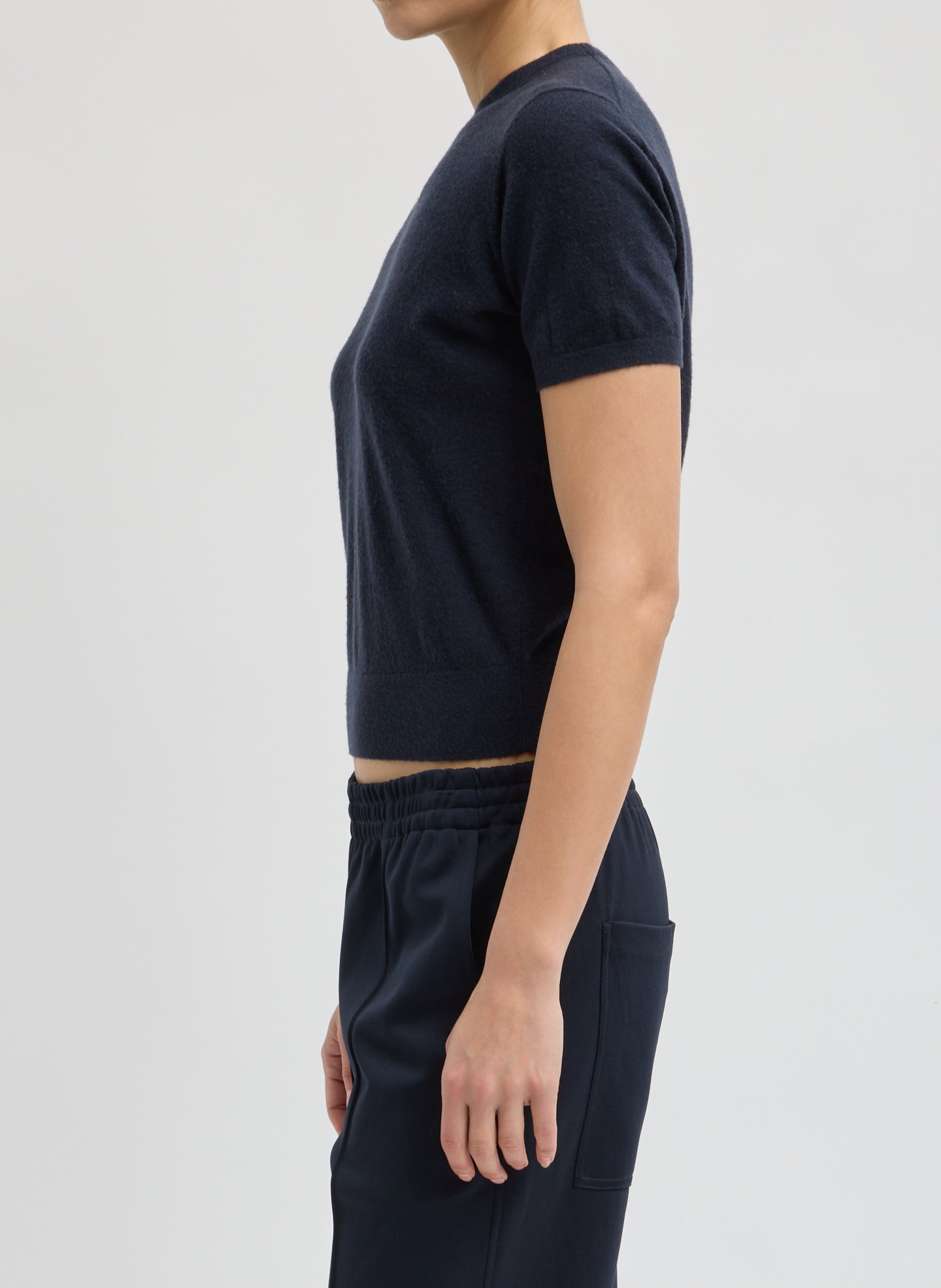 Navy Skinlike Mercerized Wool Shrunken Tee - sweater tee, side view on model