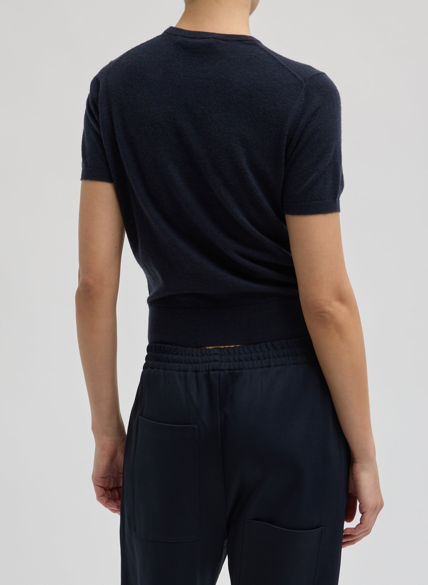 Navy Skinlike Mercerized Wool Shrunken Tee - sweater tee, back view on model