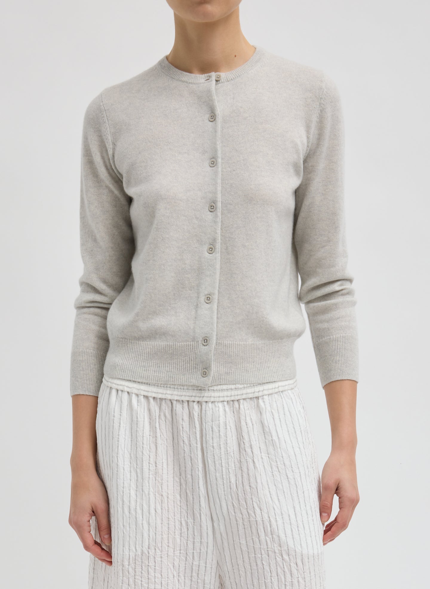 Light Heather Grey Washable Cashmere Shrunken Cardigan - front view on model