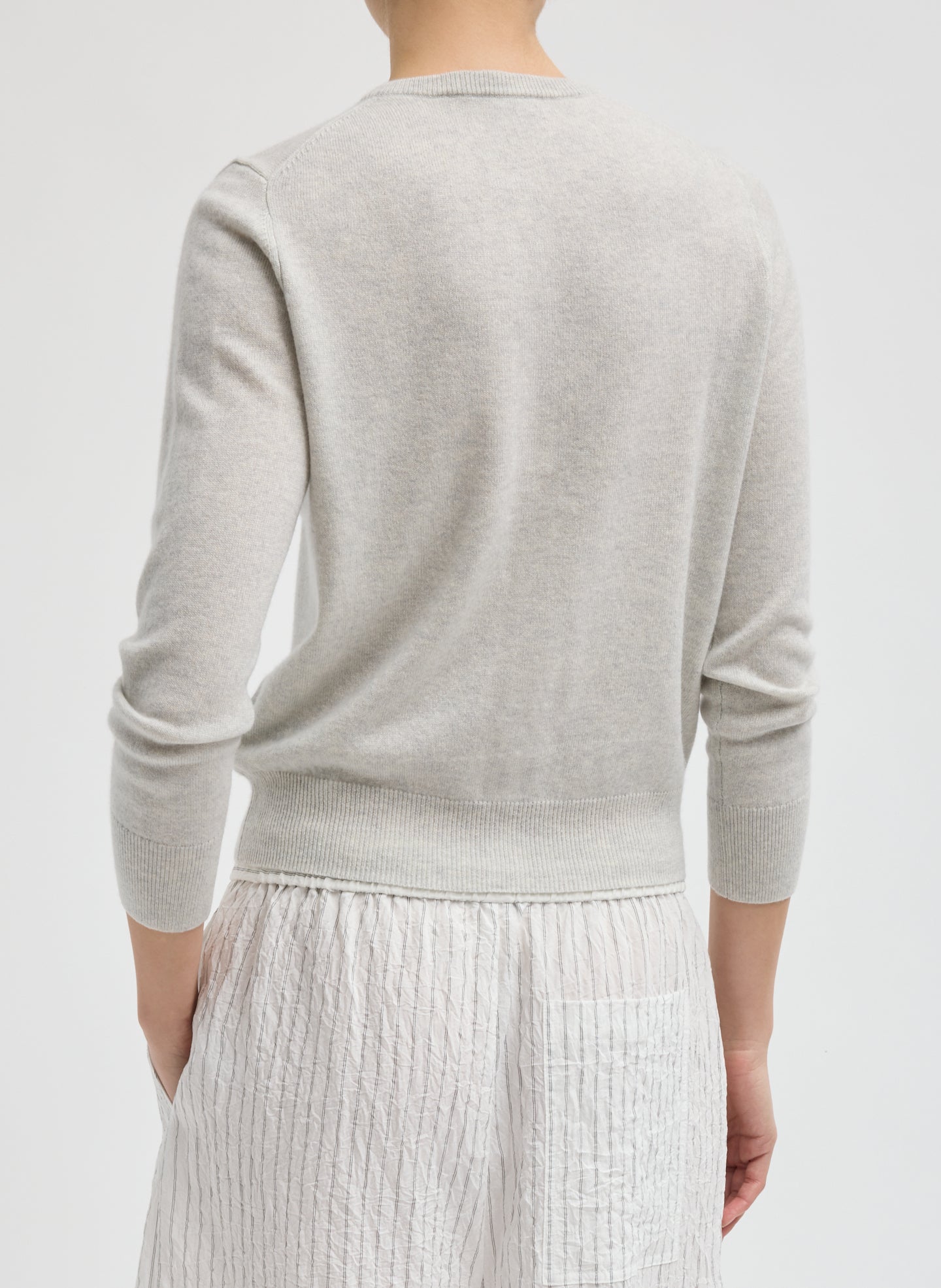 Light Heather Grey Washable Cashmere Shrunken Cardigan - back view on model