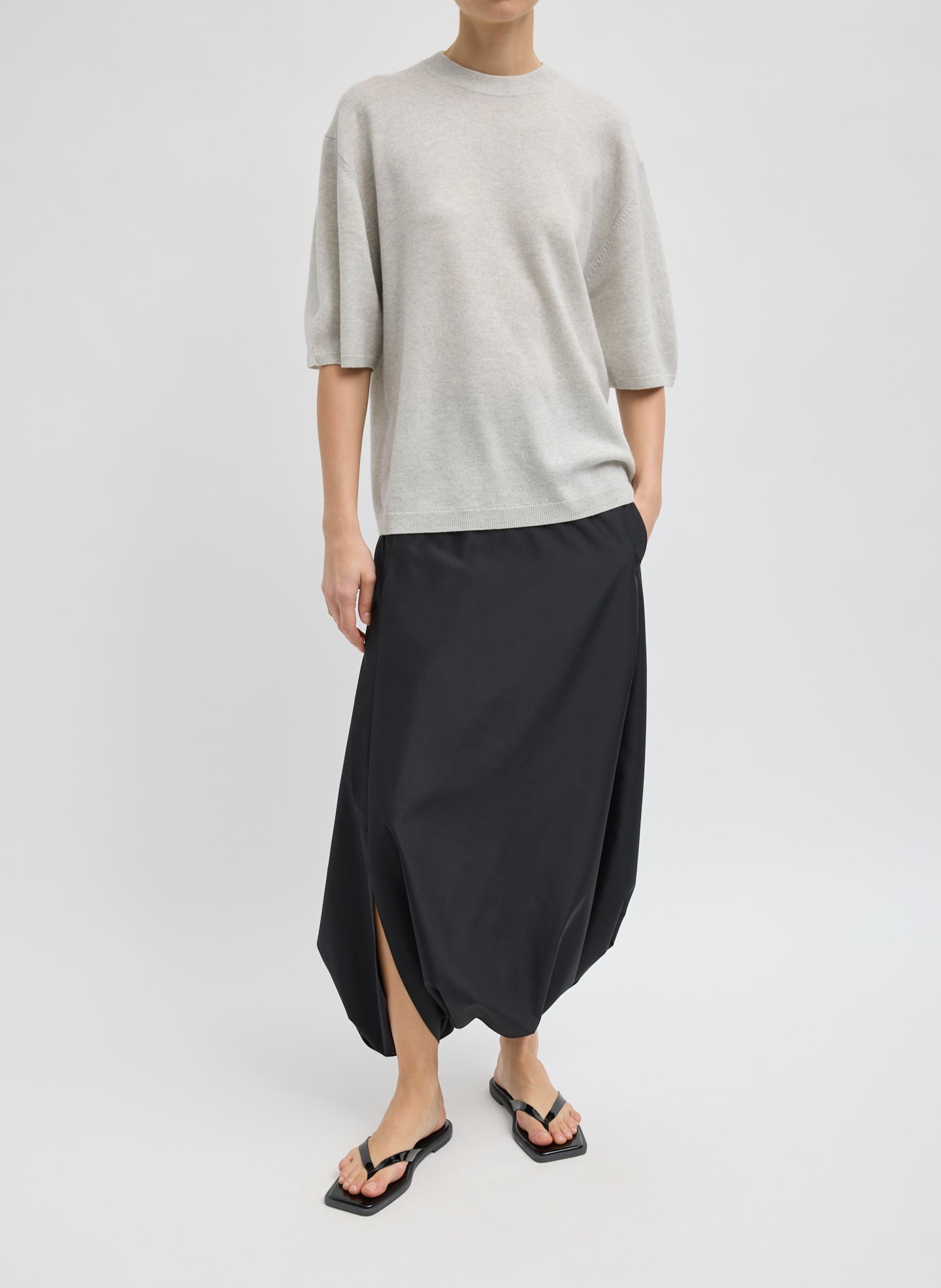 Light Grey Washable Cashmere Oversized Easy T-Shirt - full look, front view on model