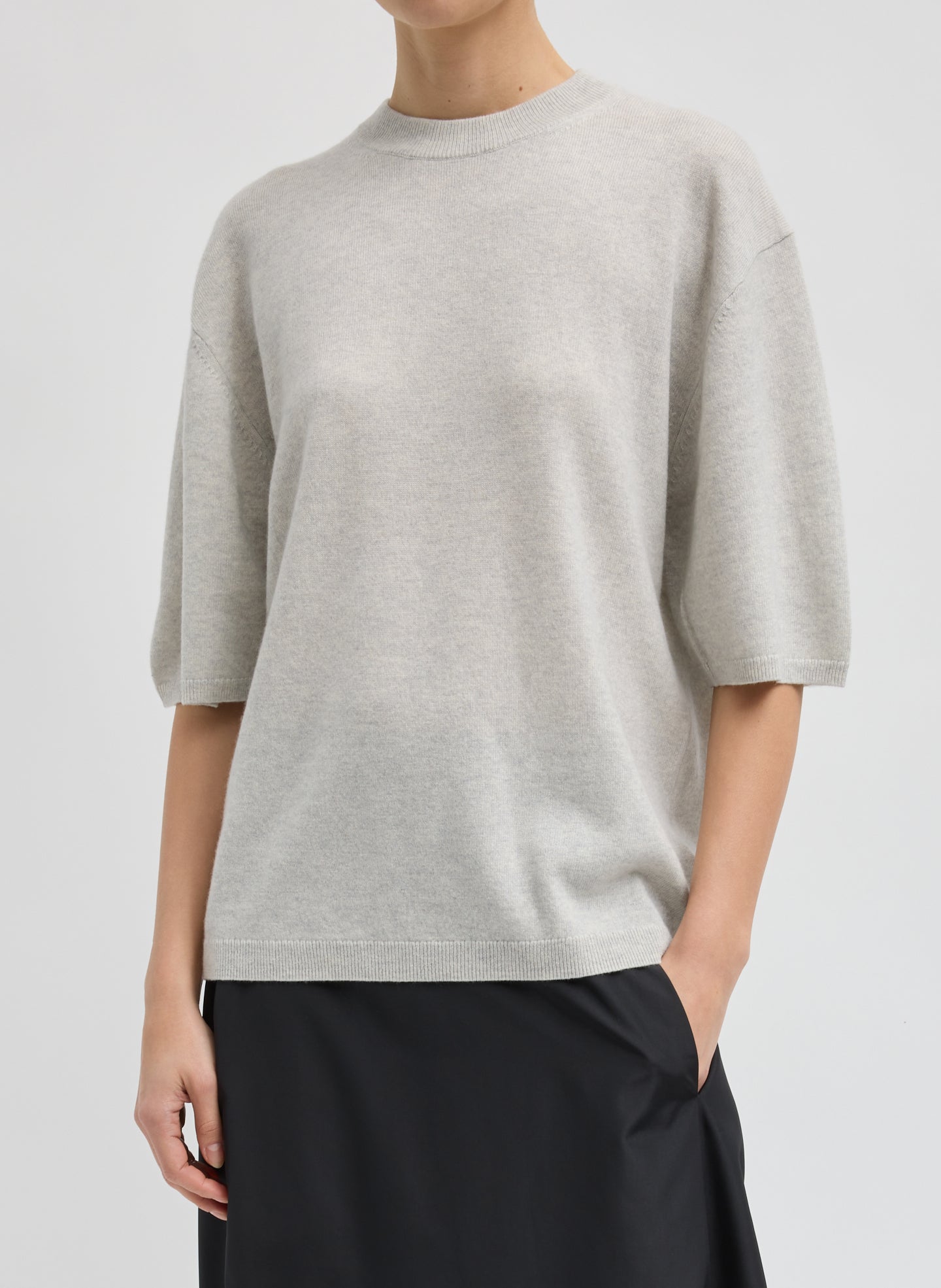 Light Grey Washable Cashmere Oversized Easy T-Shirt - front view on model