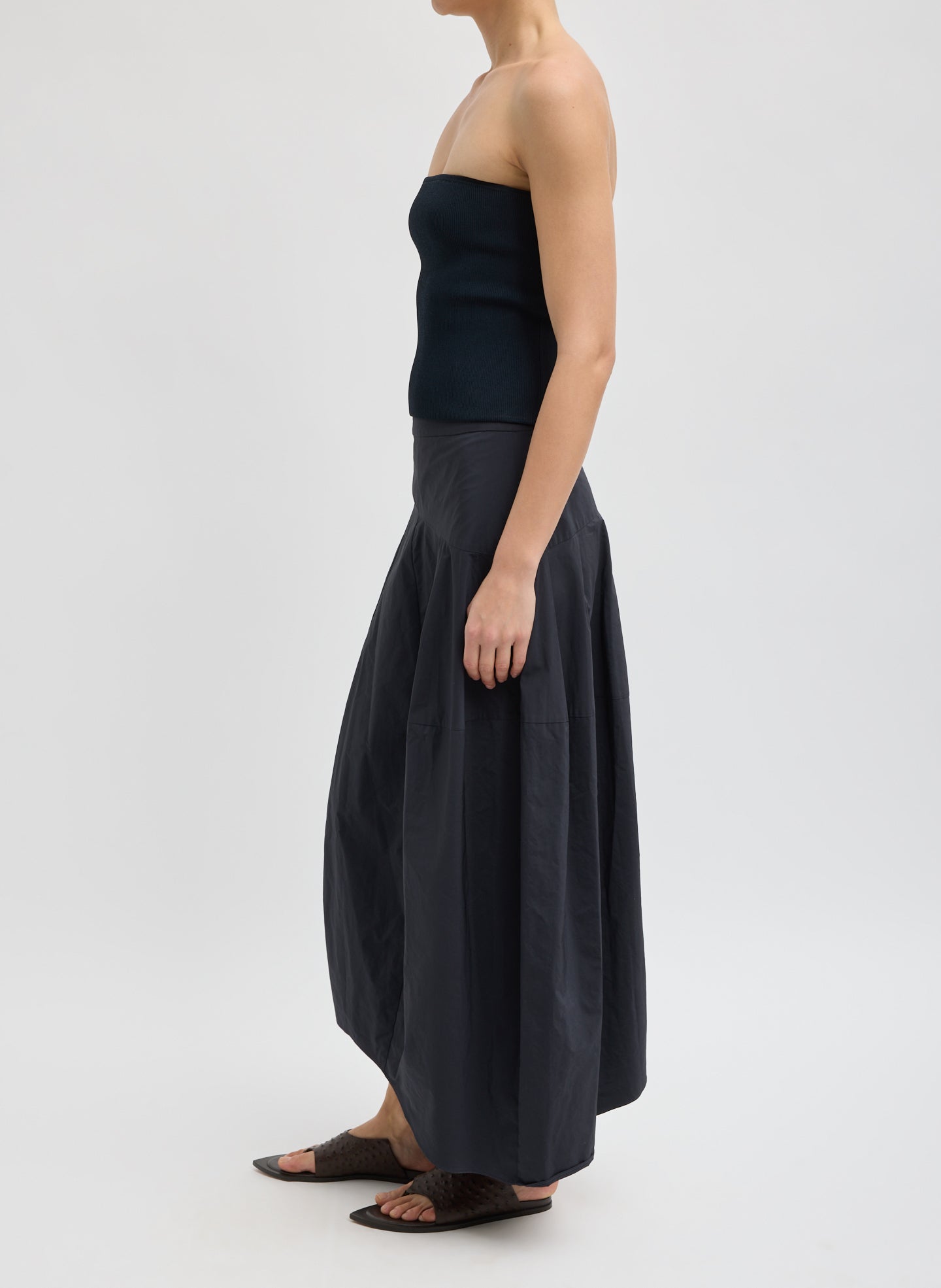 Navy Nylon Asymmetrical Balloon Skirt - full look, side view on model