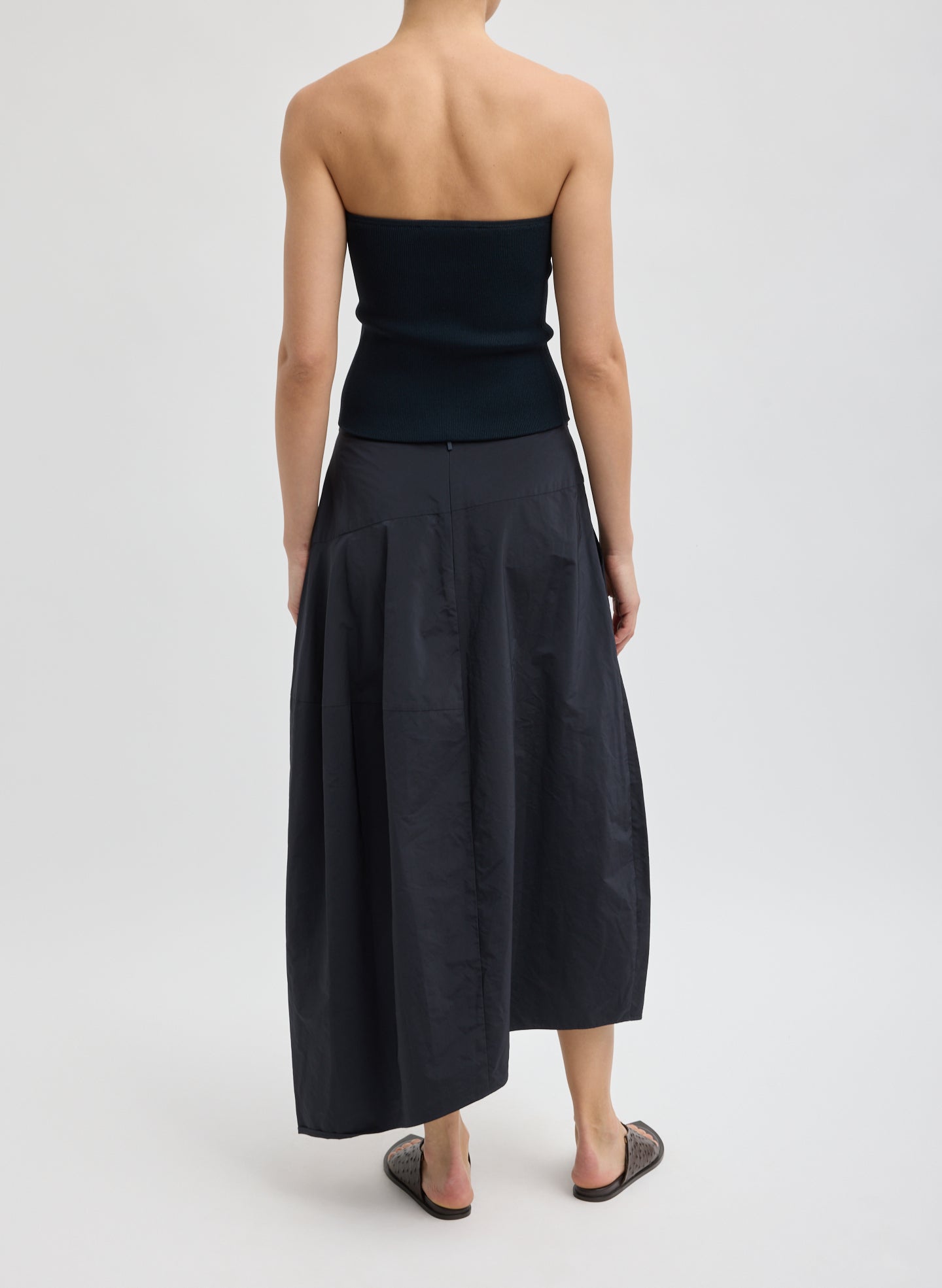 Navy Nylon Asymmetrical Balloon Skirt - full look, back view on model