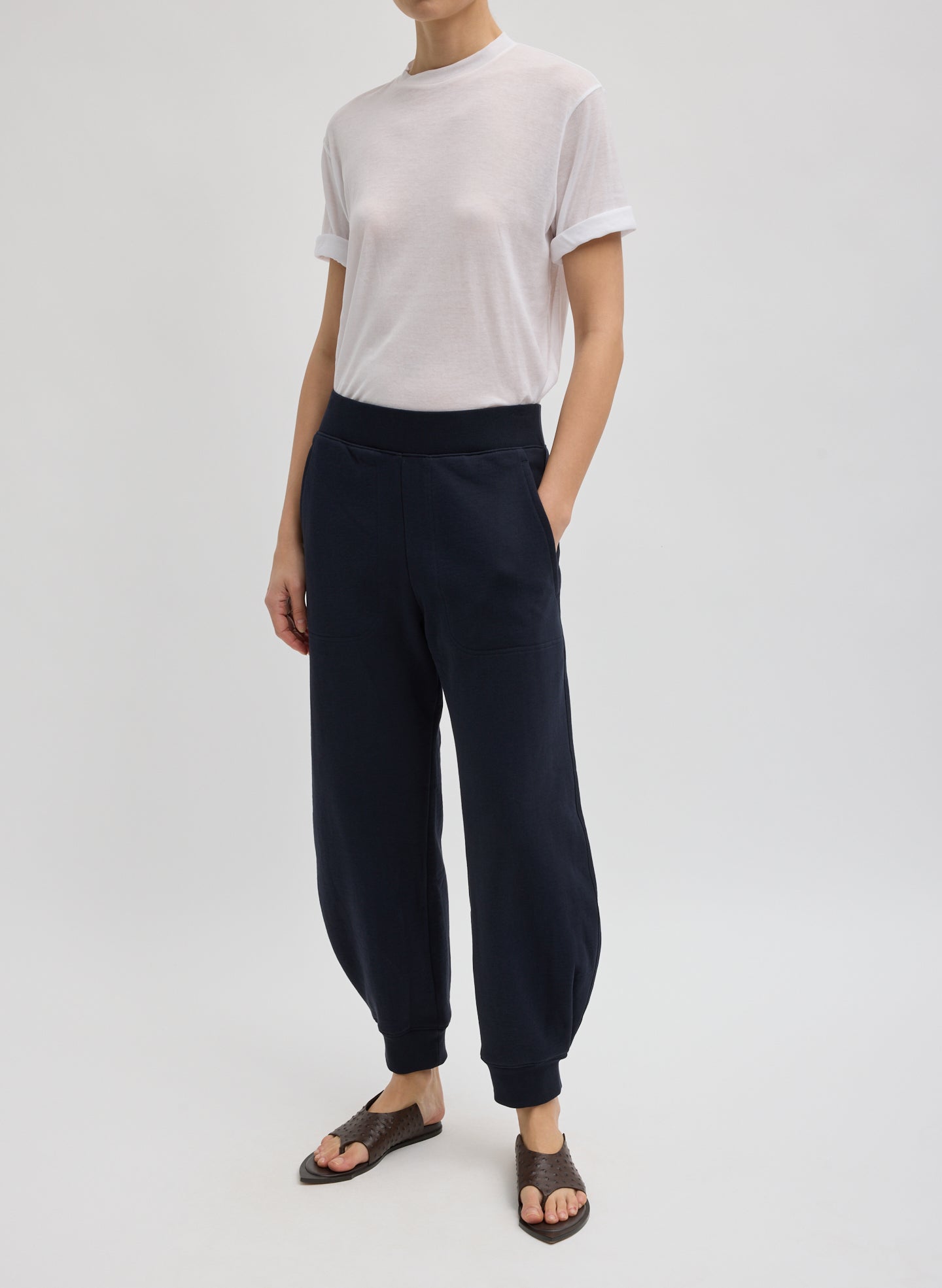 Navy Calder Sweatpant - barrel leg sweatpant, front view on model