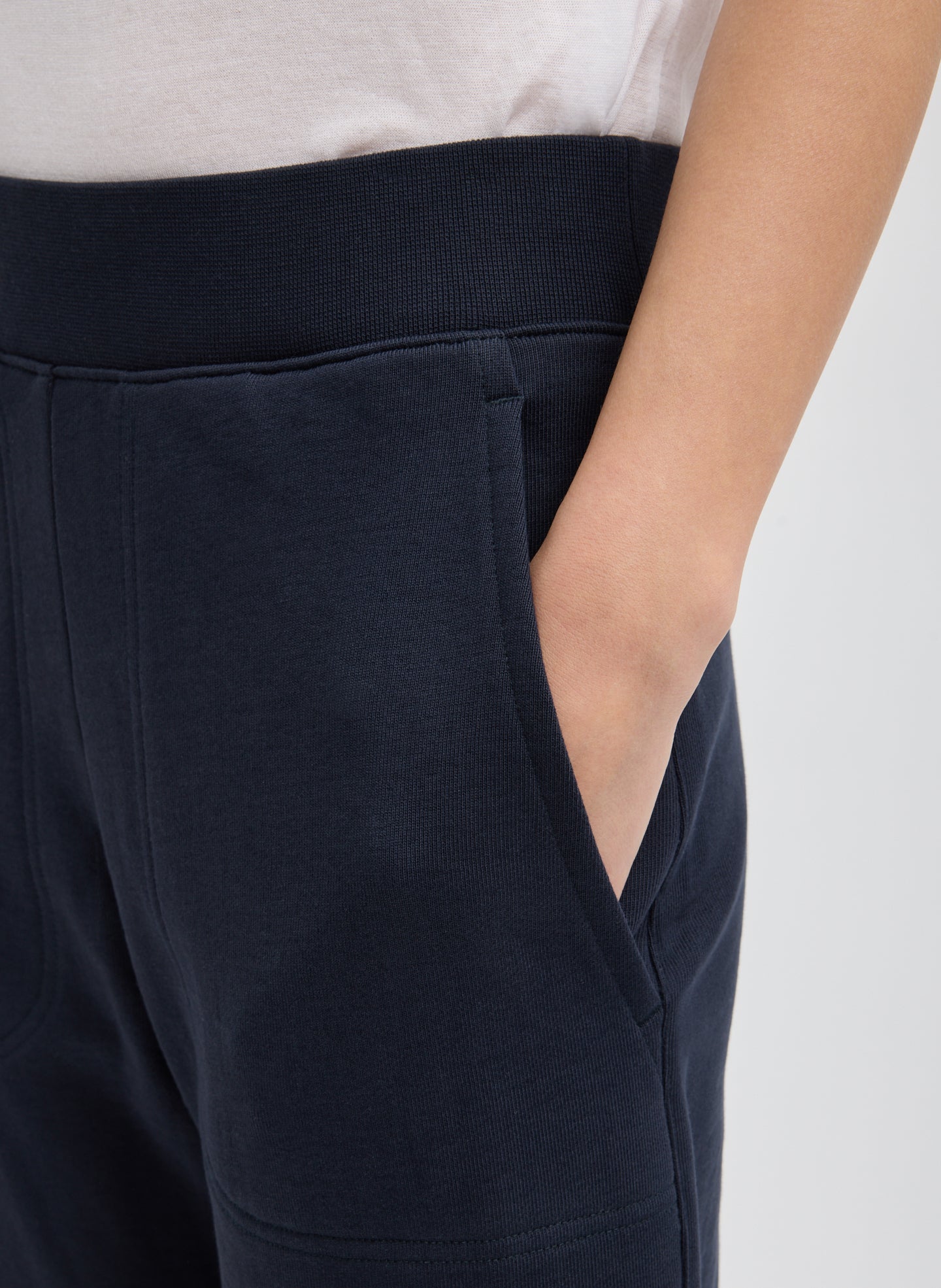 Navy Calder Sweatpant - closeup of side pocket detail