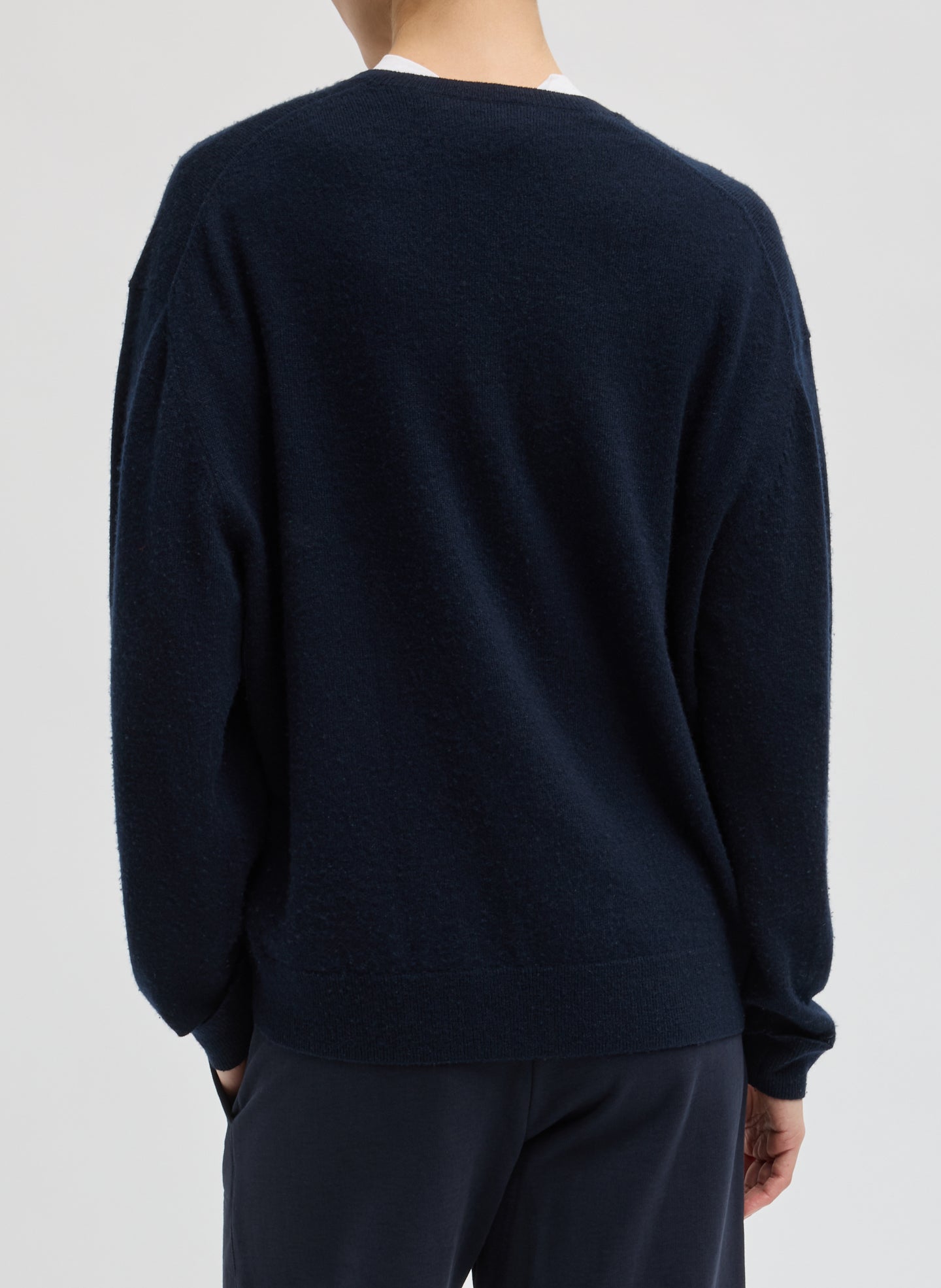 Navy Washable Cashmere Easy V-Neck Sweater - back view on model