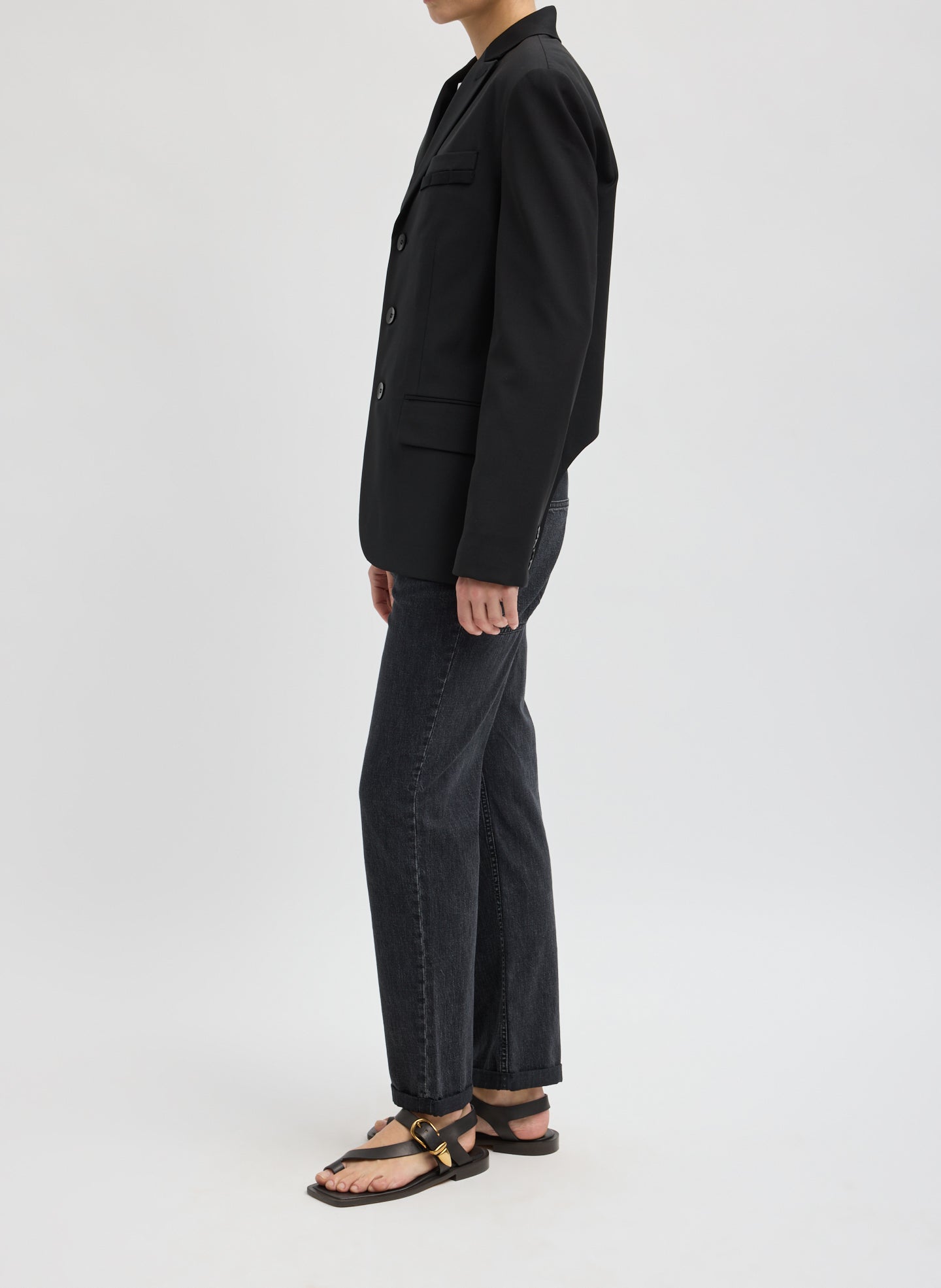 Black Tropical Wool Dennis Cutout Blazer - side view on model