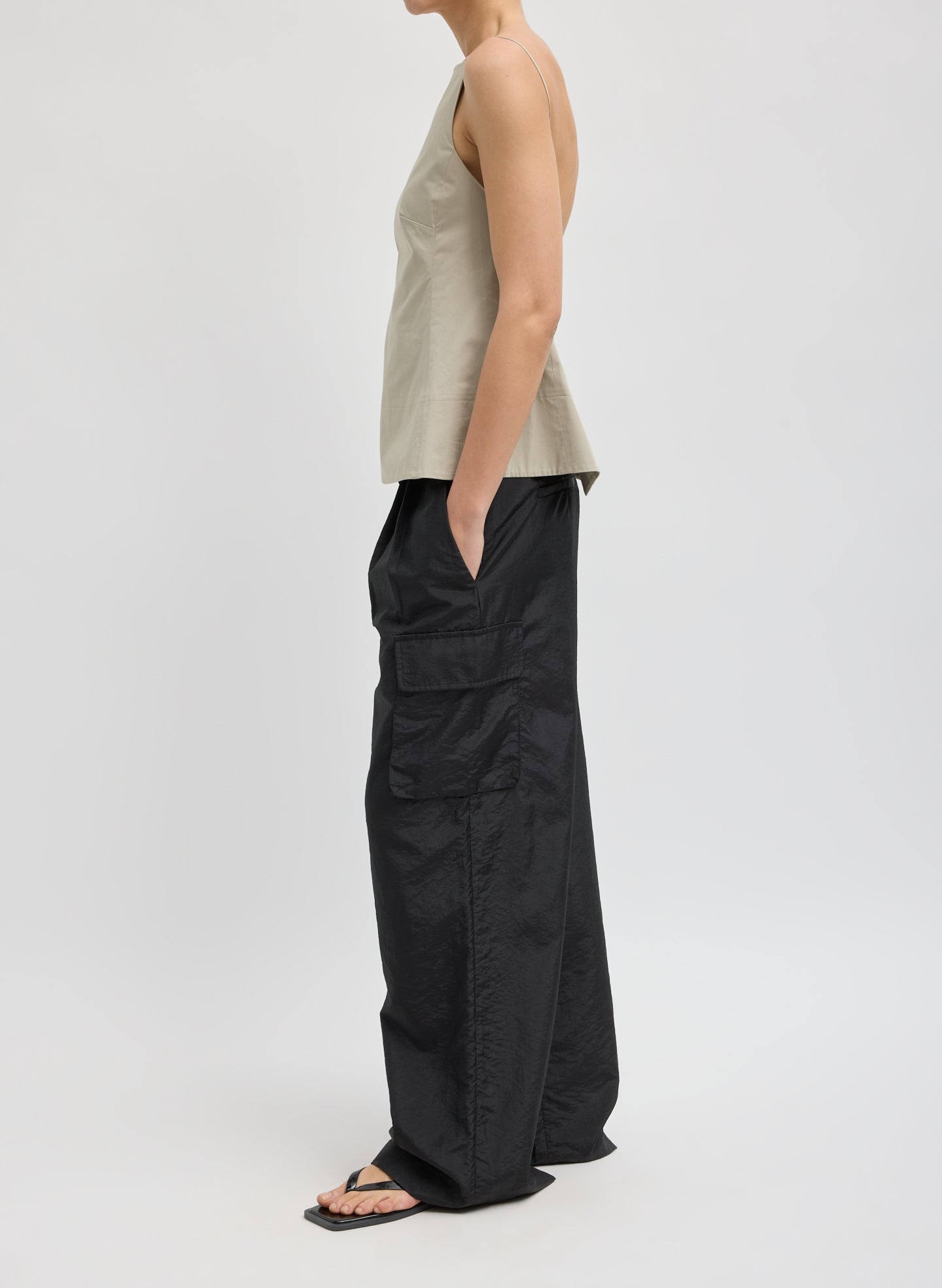 Black Stella Crispy Nylon Pleated Cargo Pant - side view on model