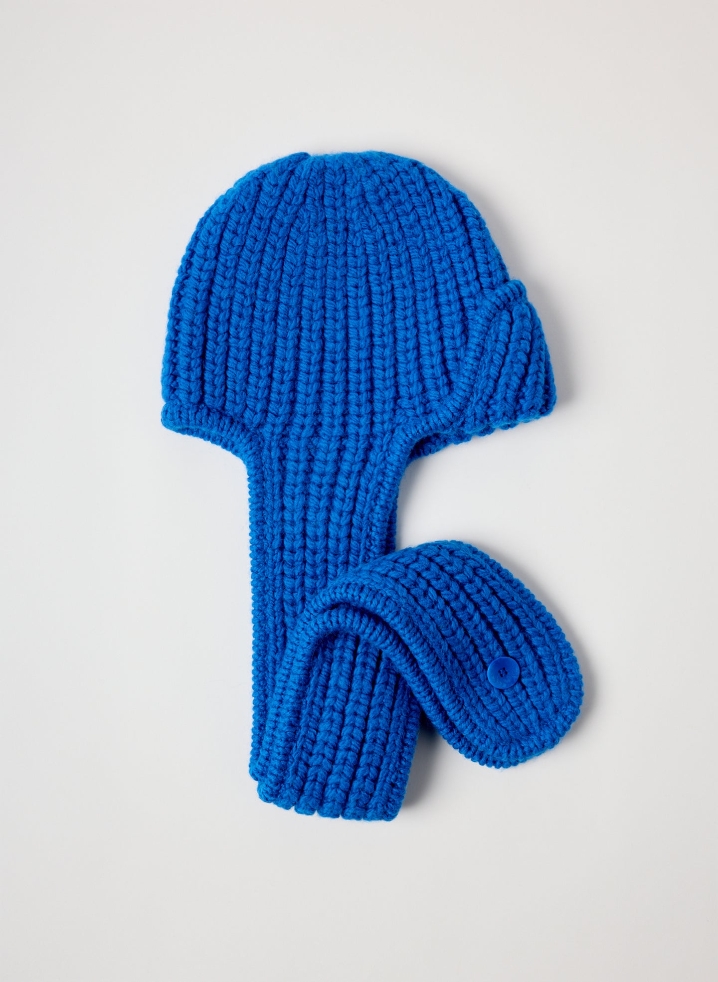 Blue Cozy Trapper Scarf Hat - knit hat scarf, flat lay