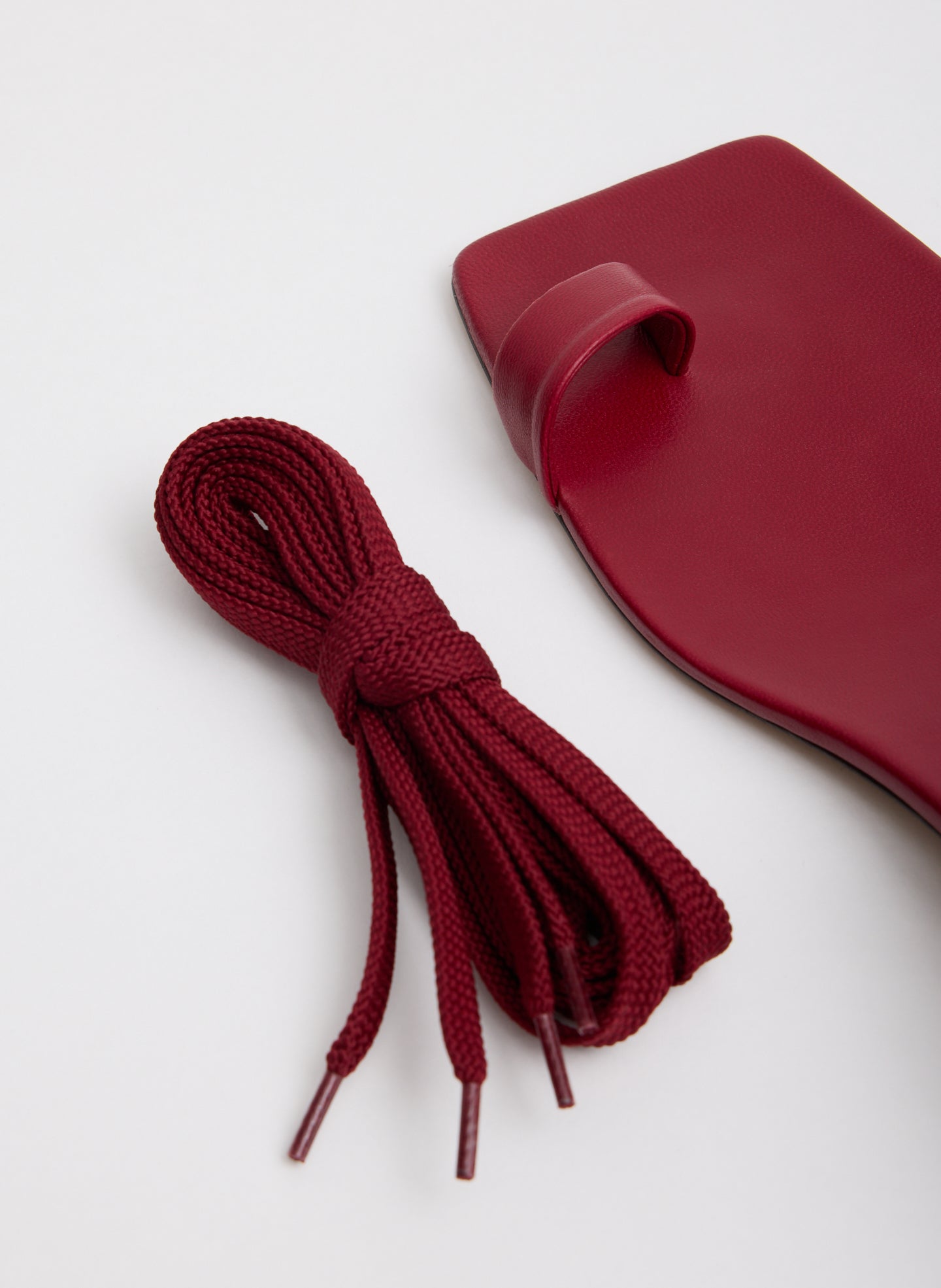 Cherry Red Ali Lace-Up Short Sandal - closeup of alternate shoe laces