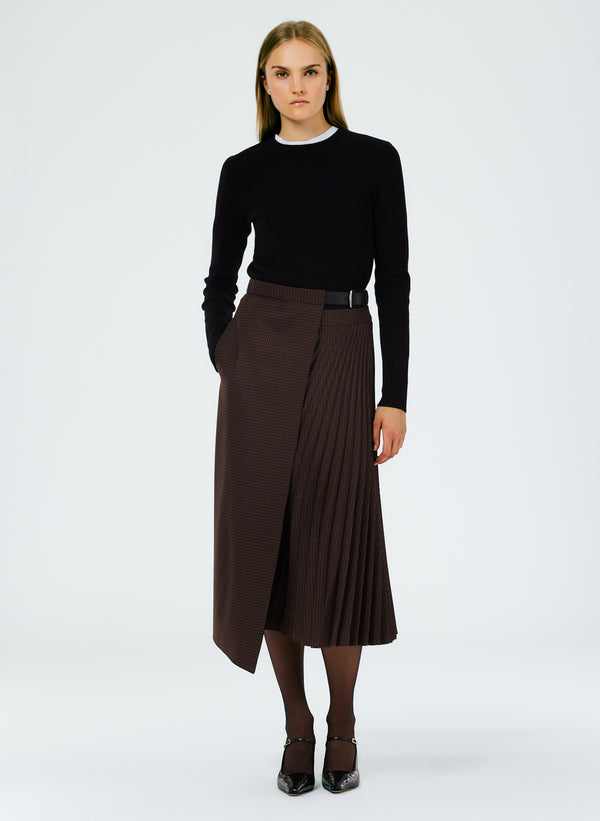 Jett Suiting Pleated Wrap Skirt - Brown Multi-1