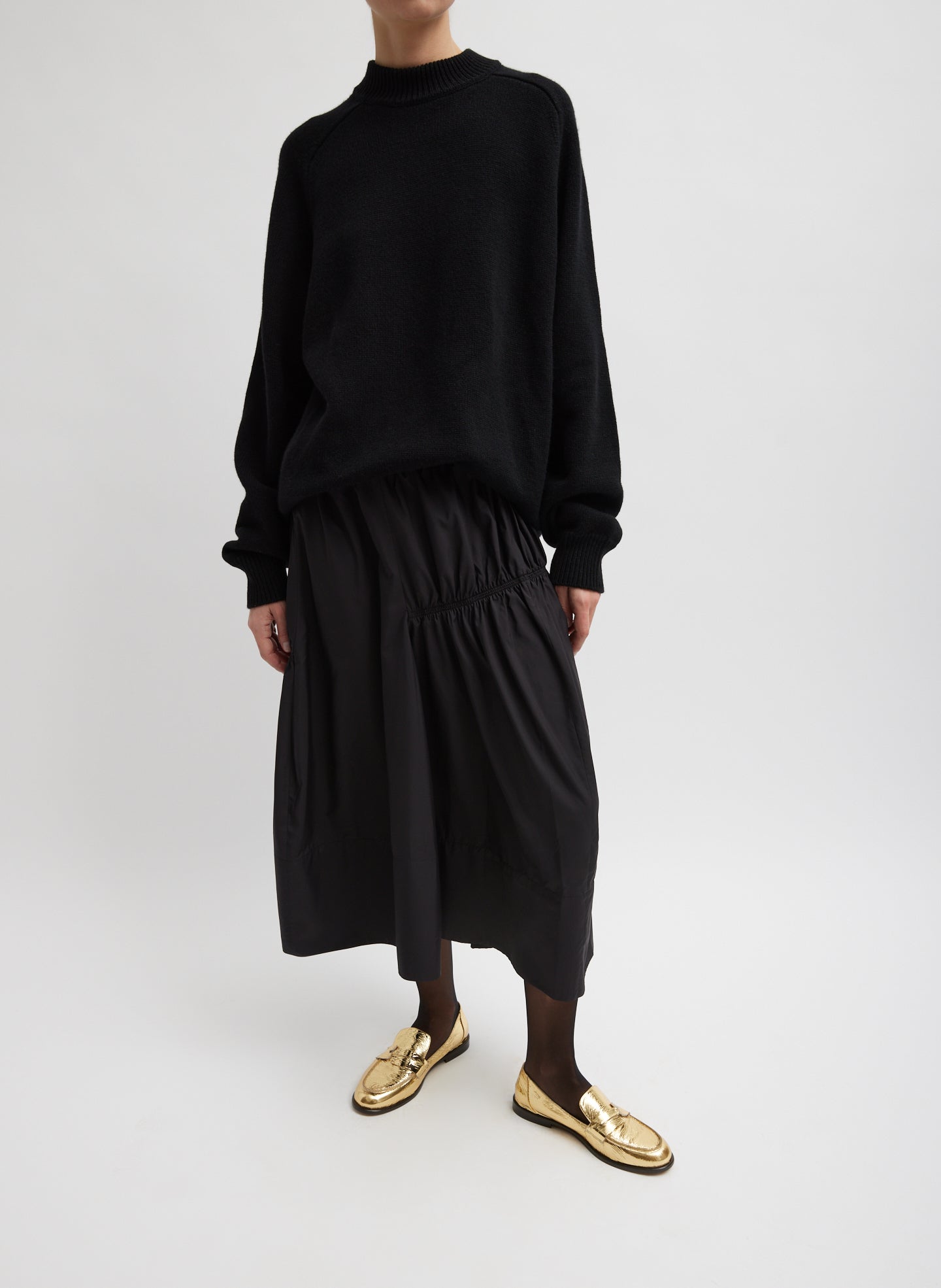 Black Shirred Nylon Paneled Skirt - midi skirt, front view on model