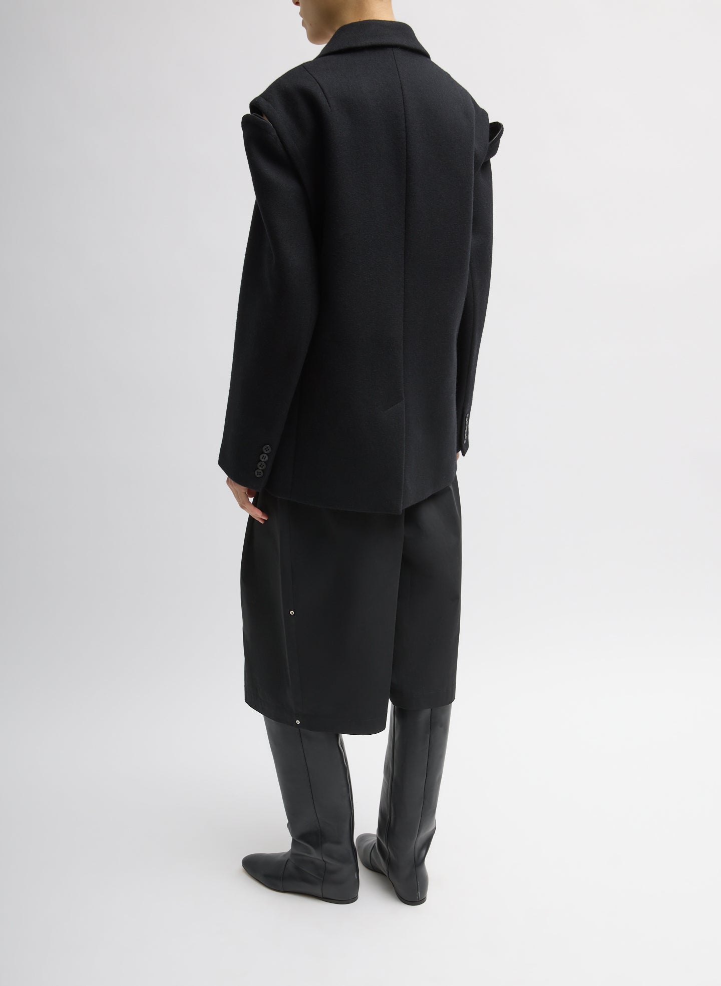 Black Bonded Recycled Felted Wool Convertible Blazer - full look, back view on model