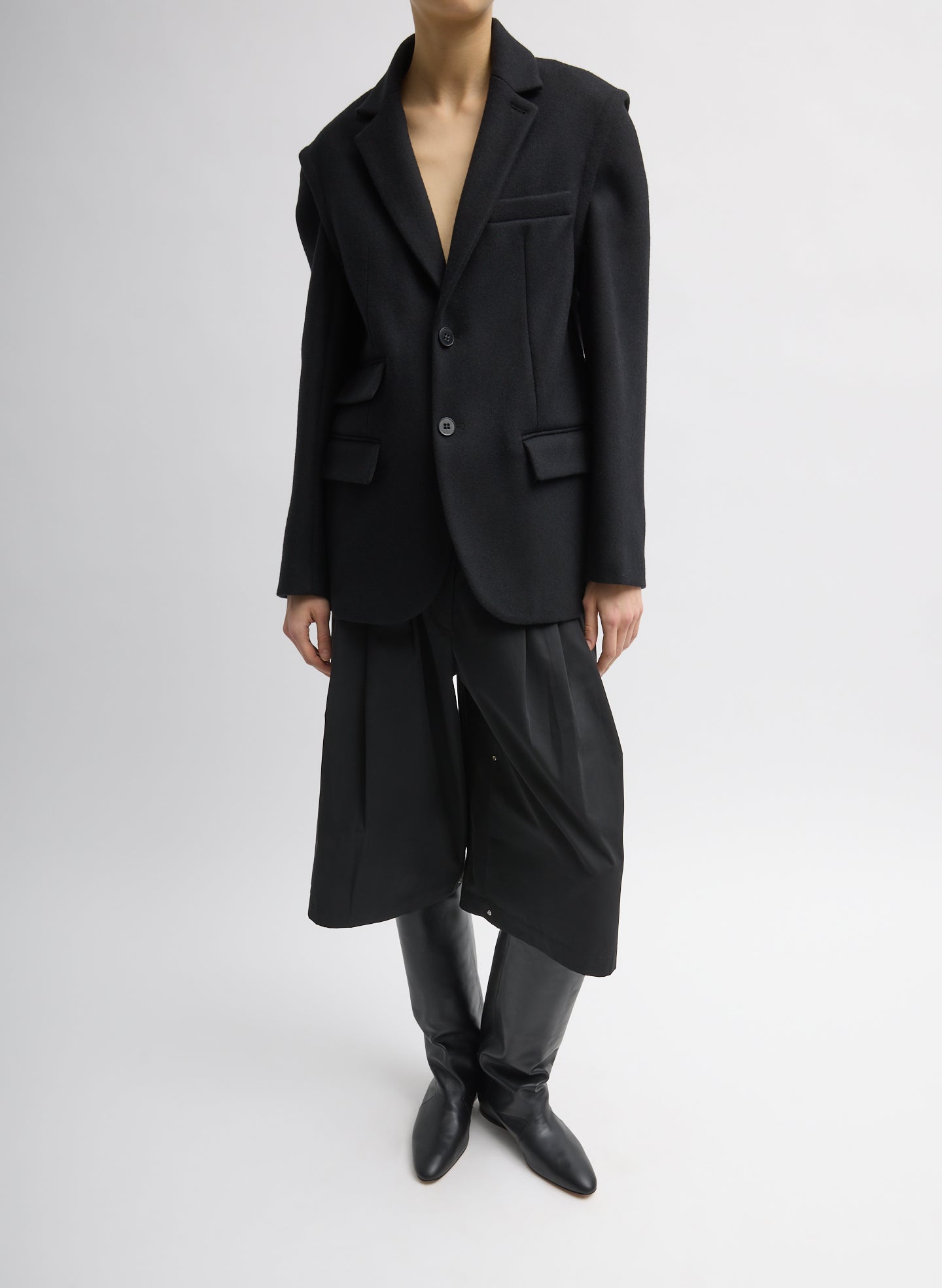 Black Bonded Recycled Felted Wool Convertible Blazer - full look, front view on model