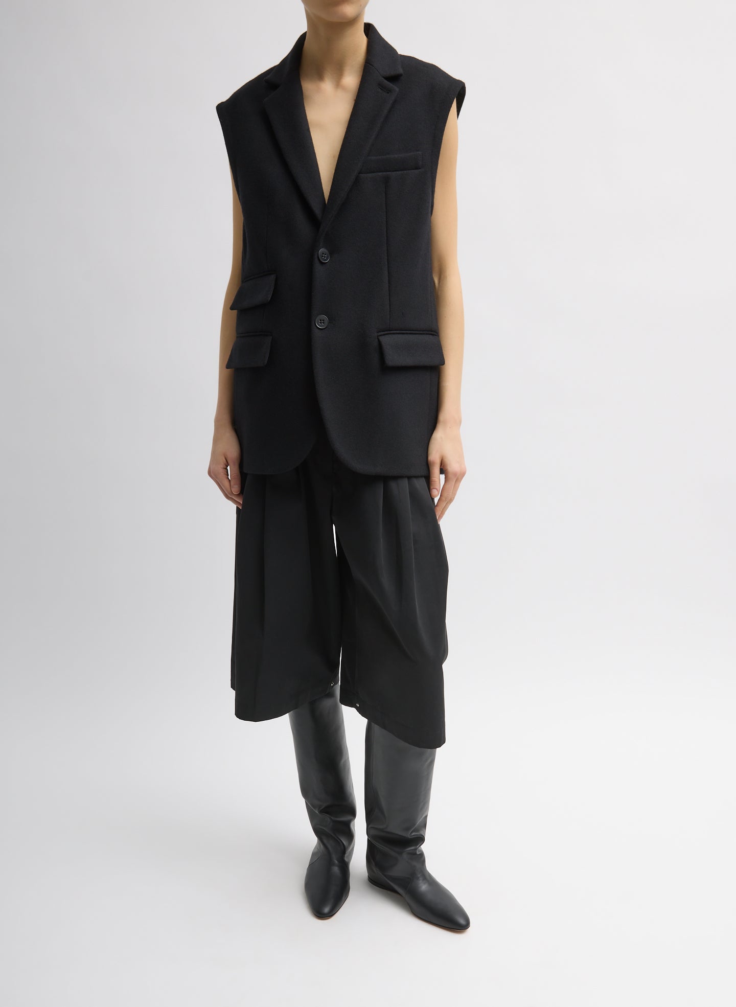 Black Bonded Recycled Felted Wool Convertible Blazer - sleeveless, front view on model