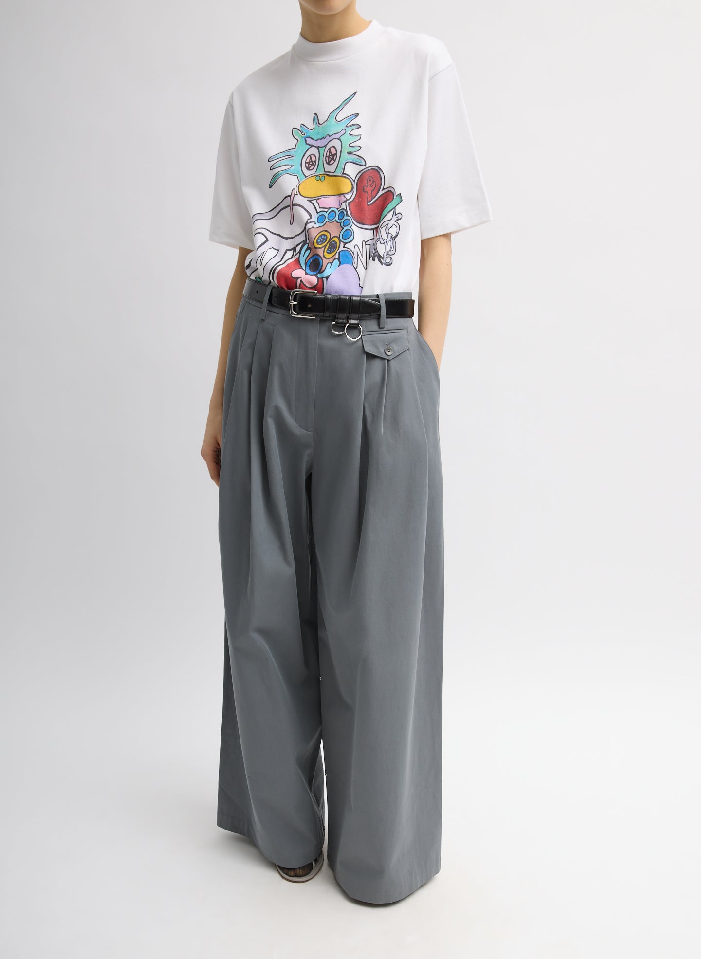 Grey Bio Twill Triple Pleat Pant - belted, full look, front view on model