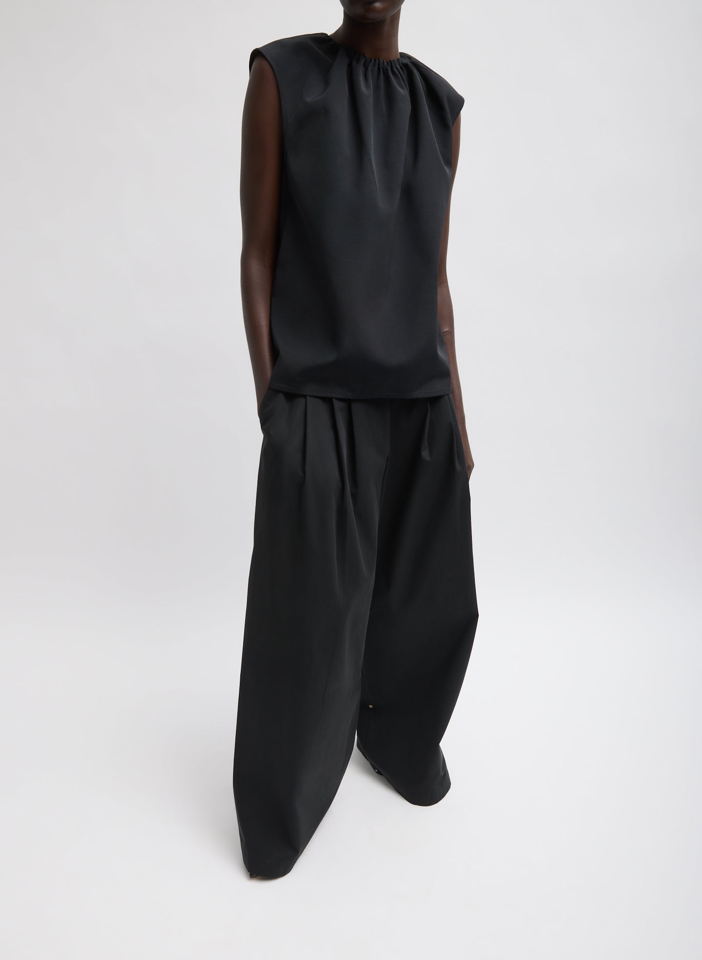Black Bio Twill Triple Pleat Pant - wide leg, front view on model