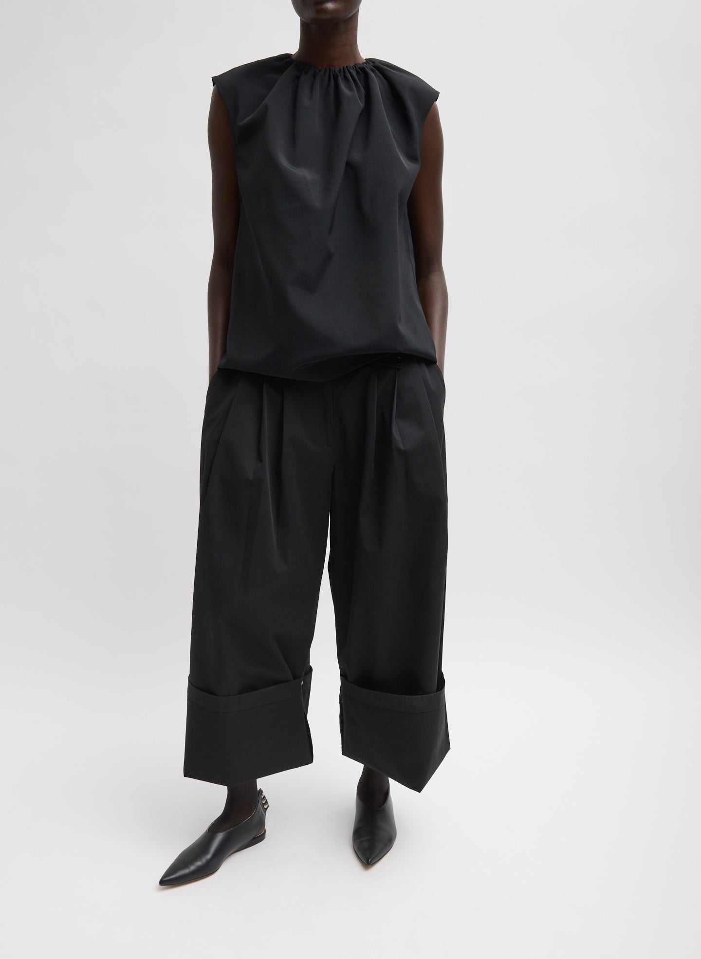 Black Bio Twill Triple Pleat Pant - cuffed leg, front view on model