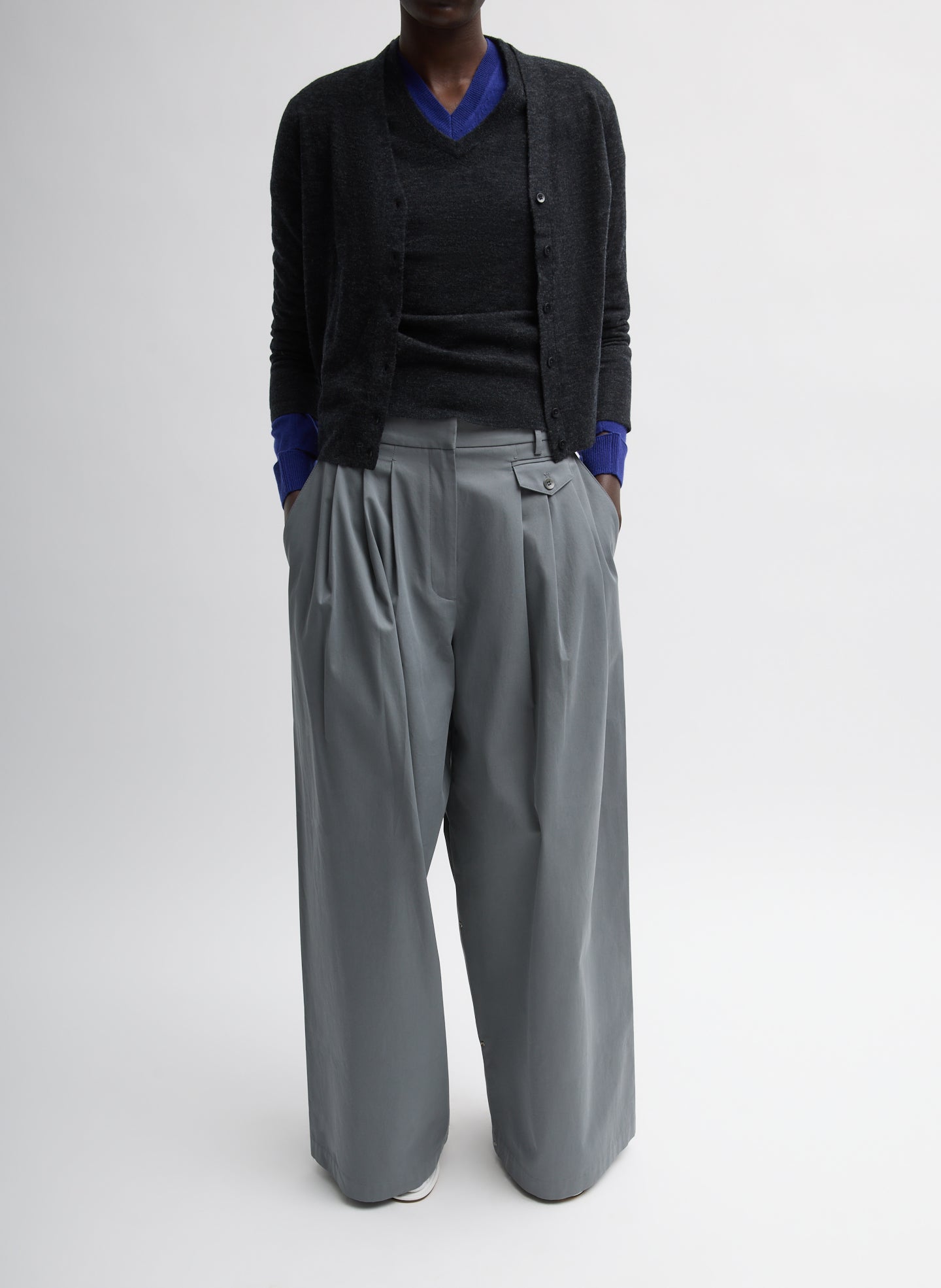 Grey Bio Twill Triple Pleat Pant - wide leg, front view on model