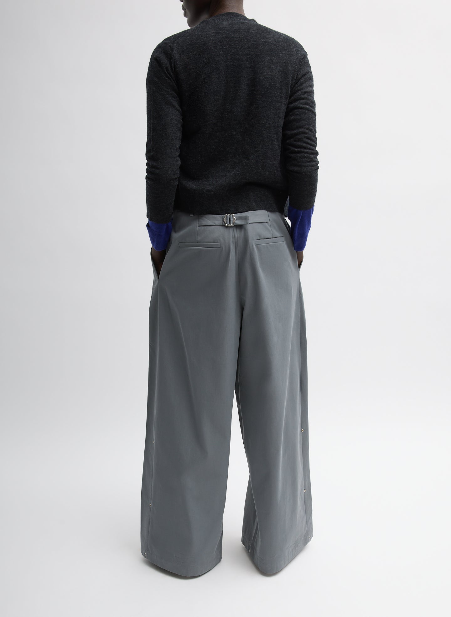 Grey Bio Twill Triple Pleat Pant - wide leg, back view on model