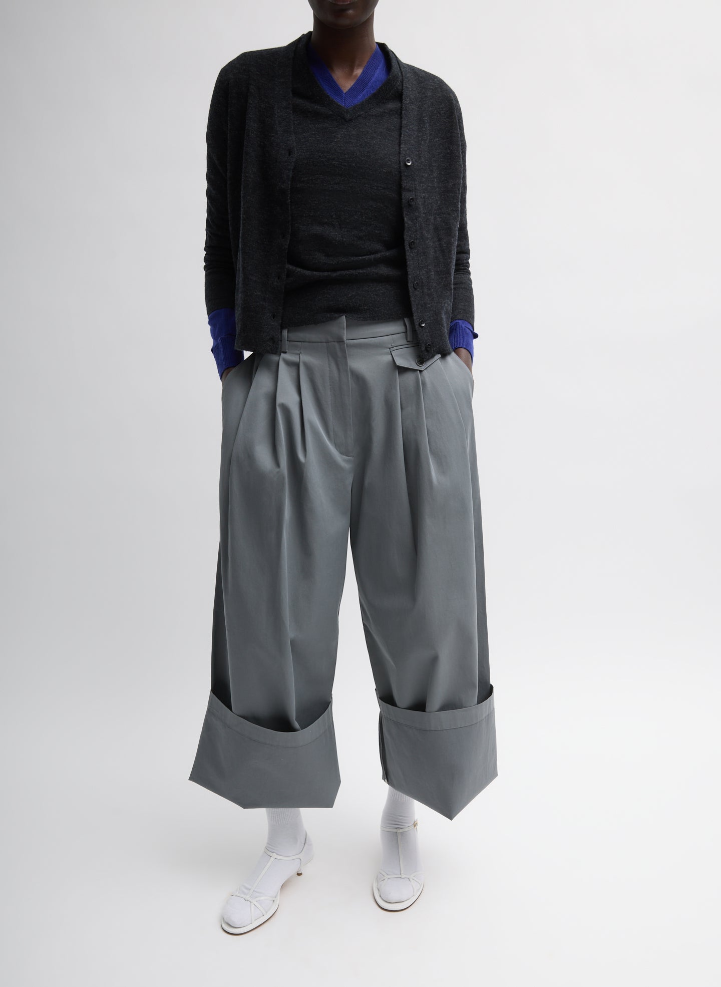Grey Bio Twill Triple Pleat Pant - cuffed leg, full look on model