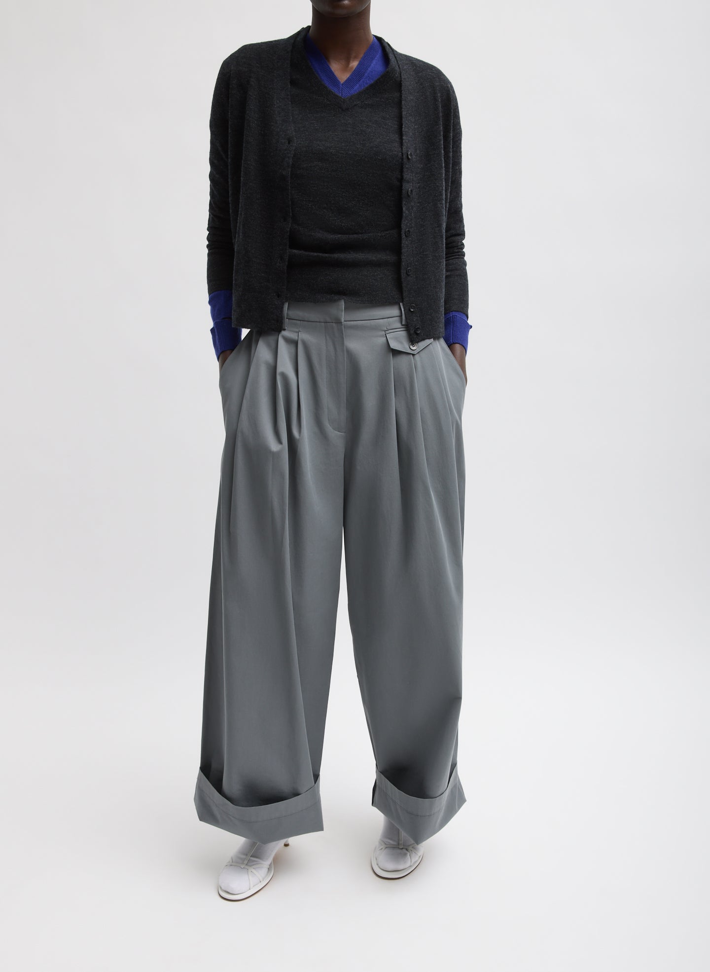 Grey Bio Twill Triple Pleat Pant - cuffed leg, full look on model