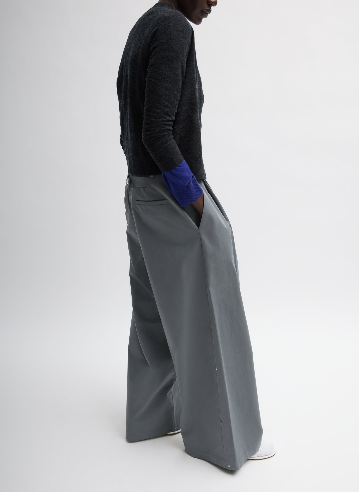 Grey Bio Twill Triple Pleat Pant - wide leg, side view on model