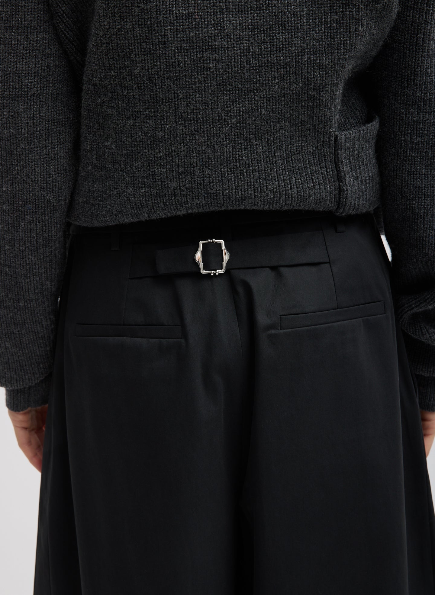Black Bio Twill Triple Pleat Cropped Pant - closeup of back belt detail