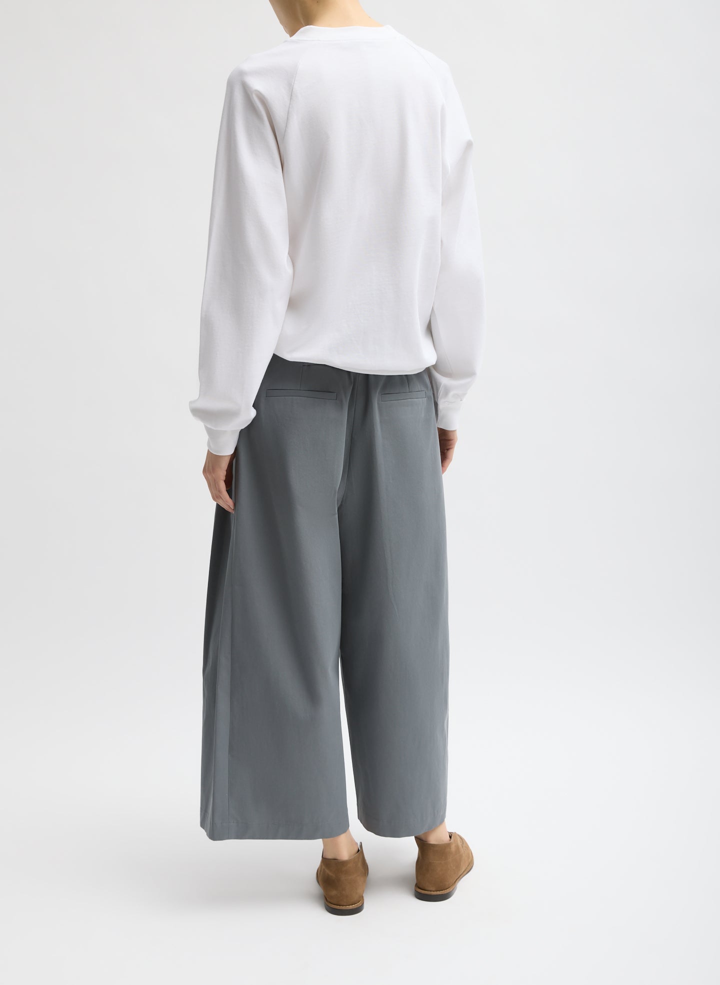 Grey Bio Twill Triple Pleat Cropped Pant - wide leg, back view on model