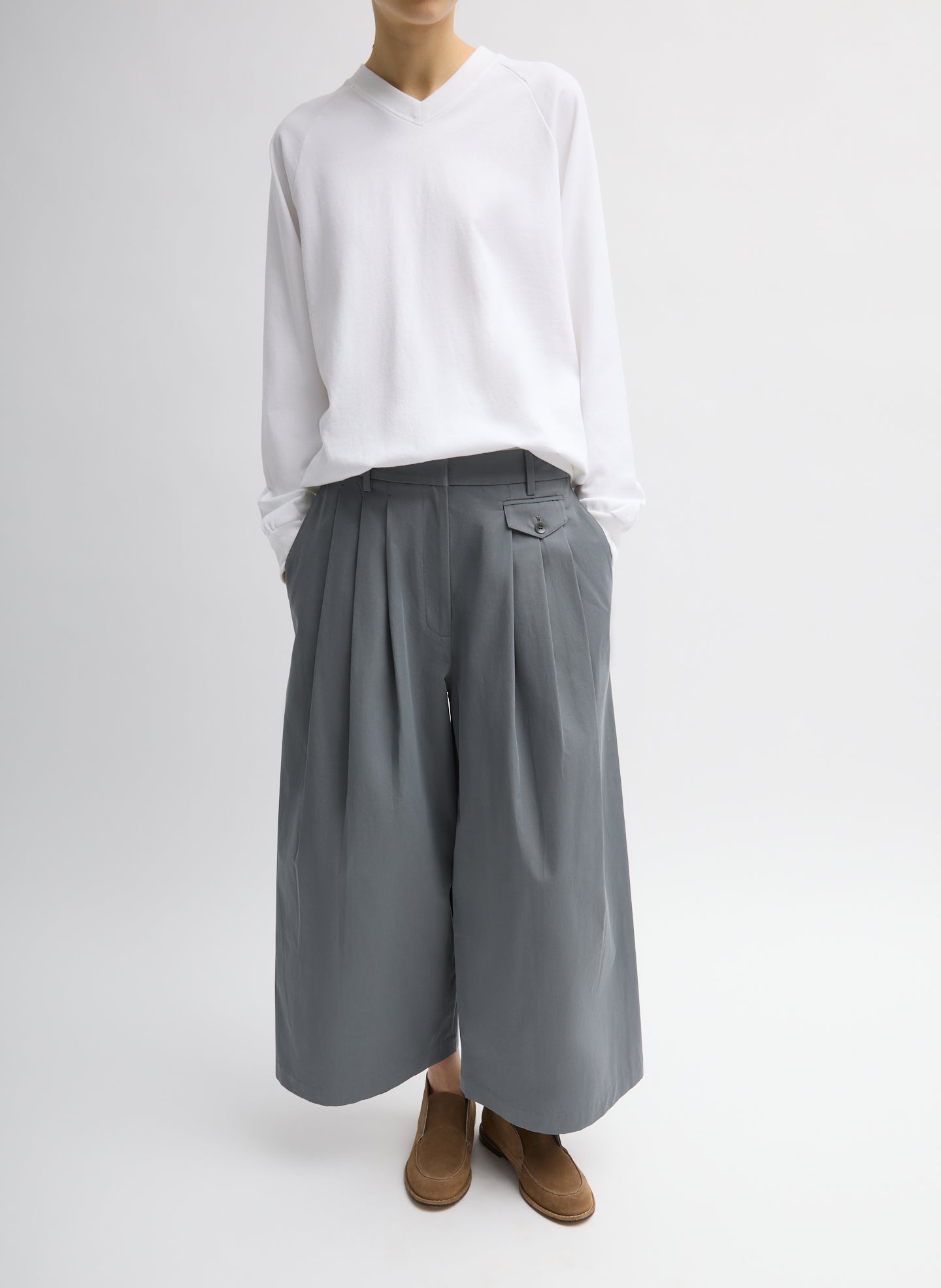 Grey Bio Twill Triple Pleat Cropped Pant - wide leg, front view on model