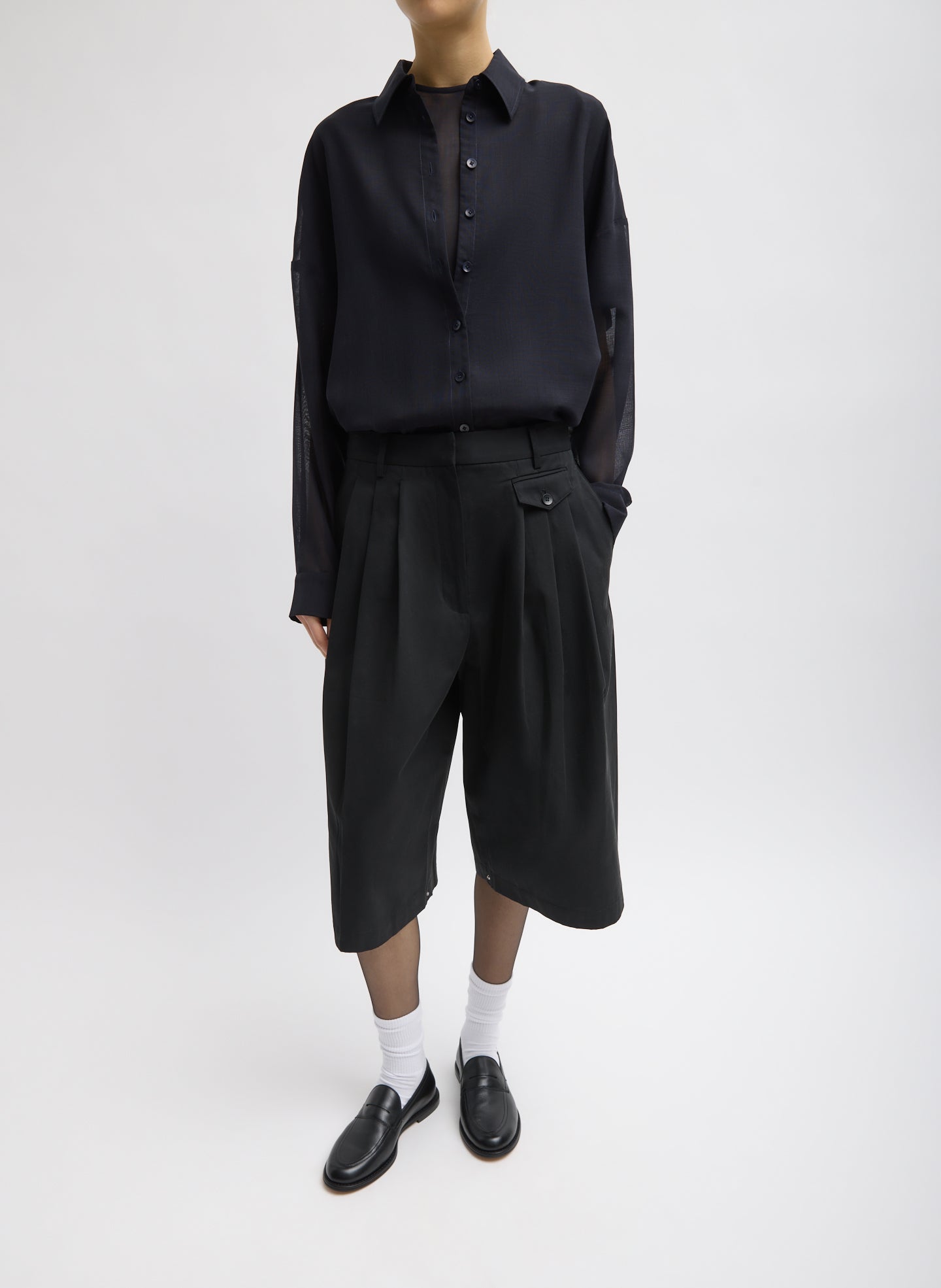 Black Bio Twill Triple Pleat Short - full look, front view on model