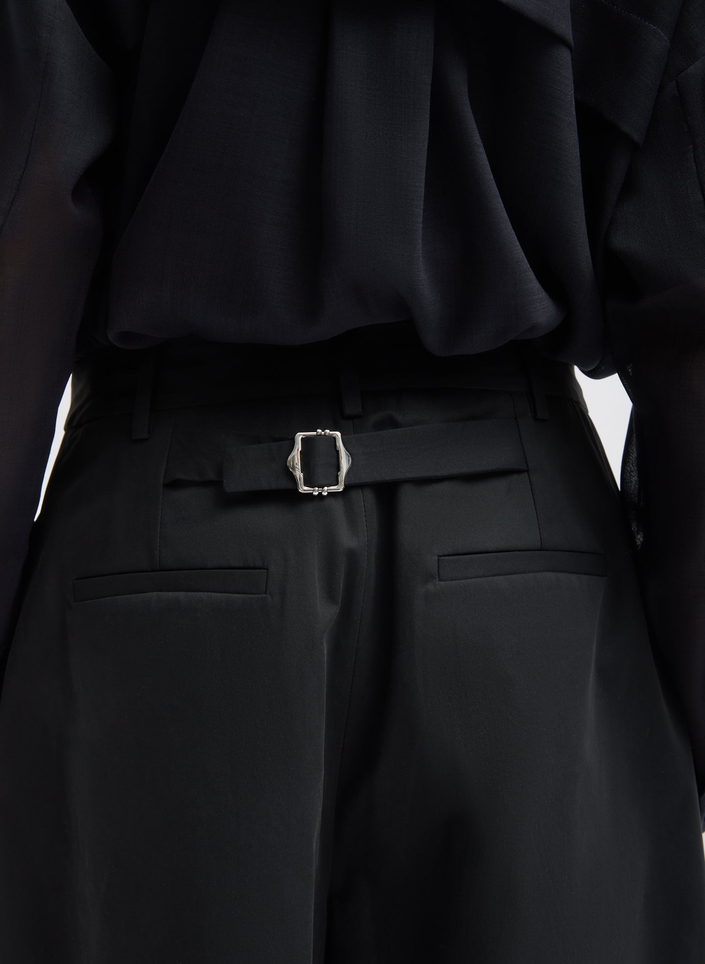 Black Bio Twill Triple Pleat Short - closeup of back belt detail