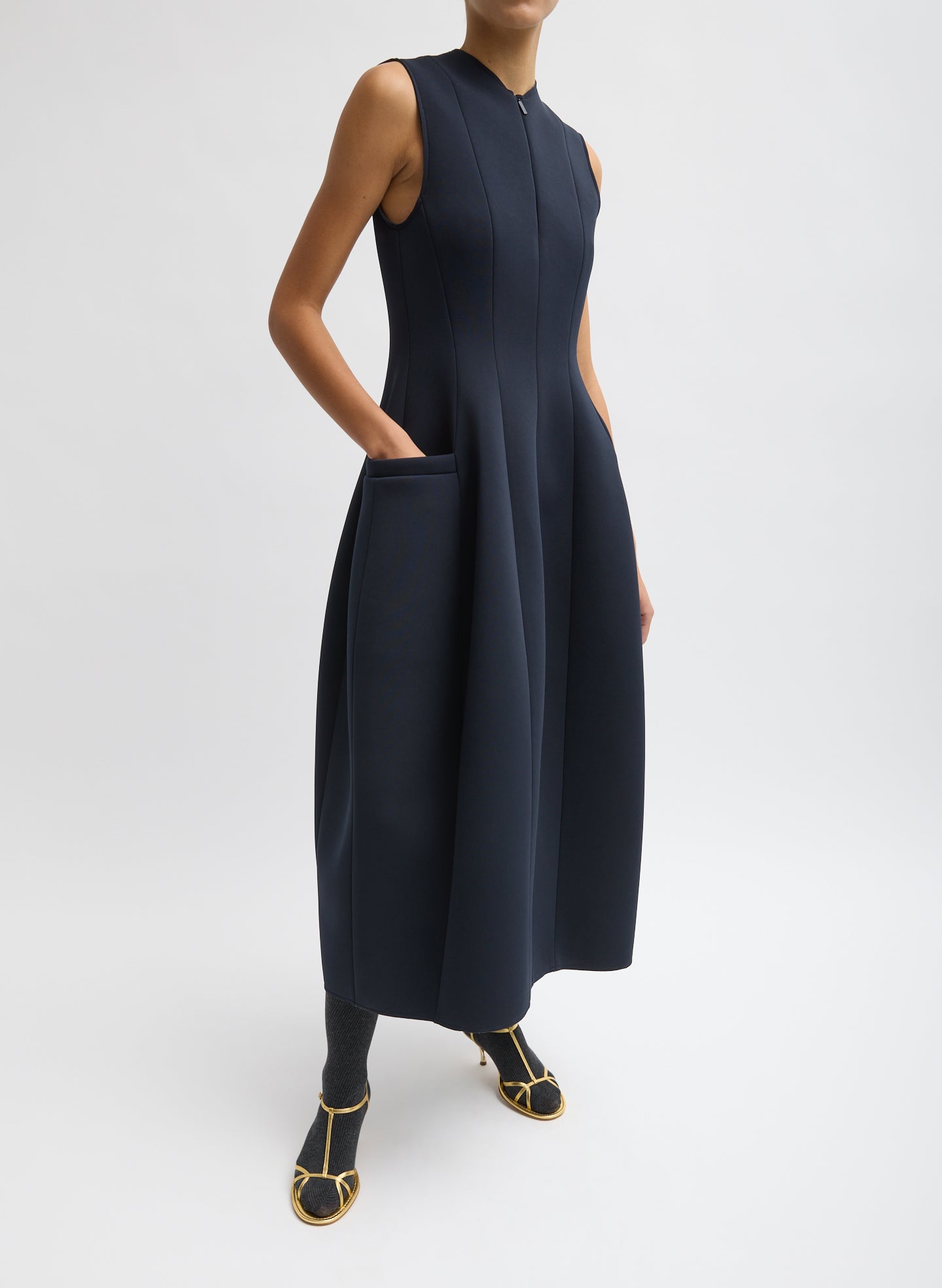 Navy Bonded Twill Sleeveless Sculpted Dress - front view on model