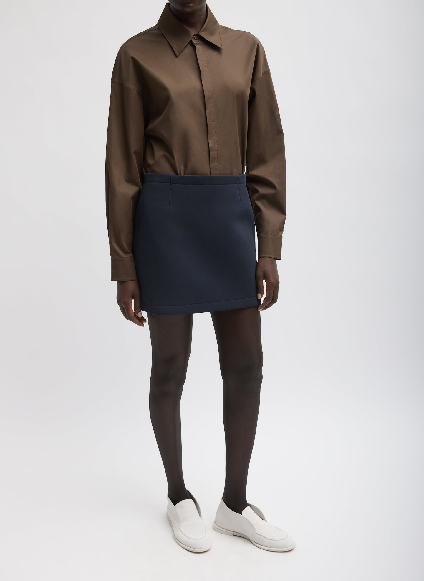 Navy Bonded Twill Mini Skirt - full look, front view on model