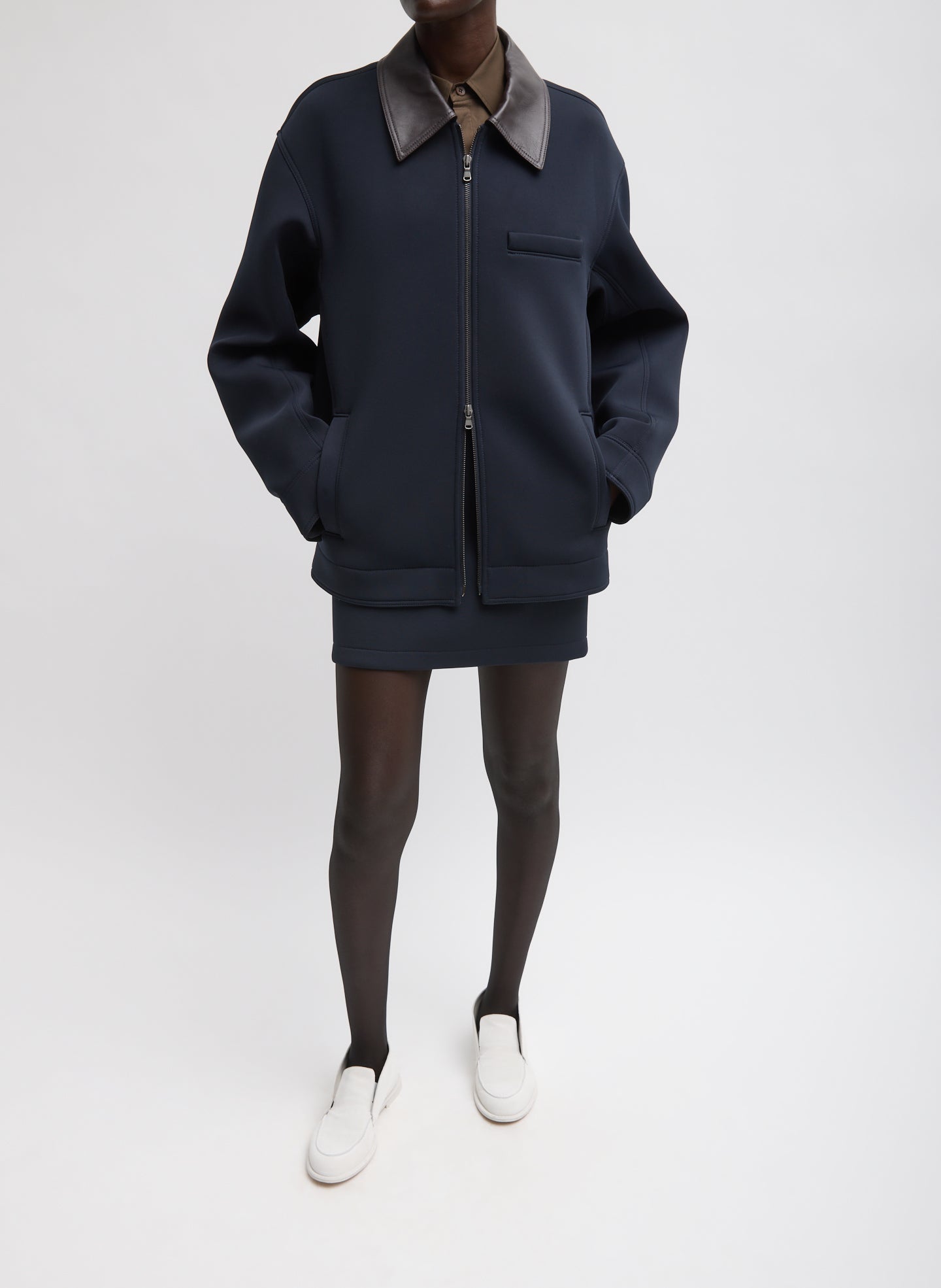 Navy Bonded Twill Mini Skirt - full look, front view on model
