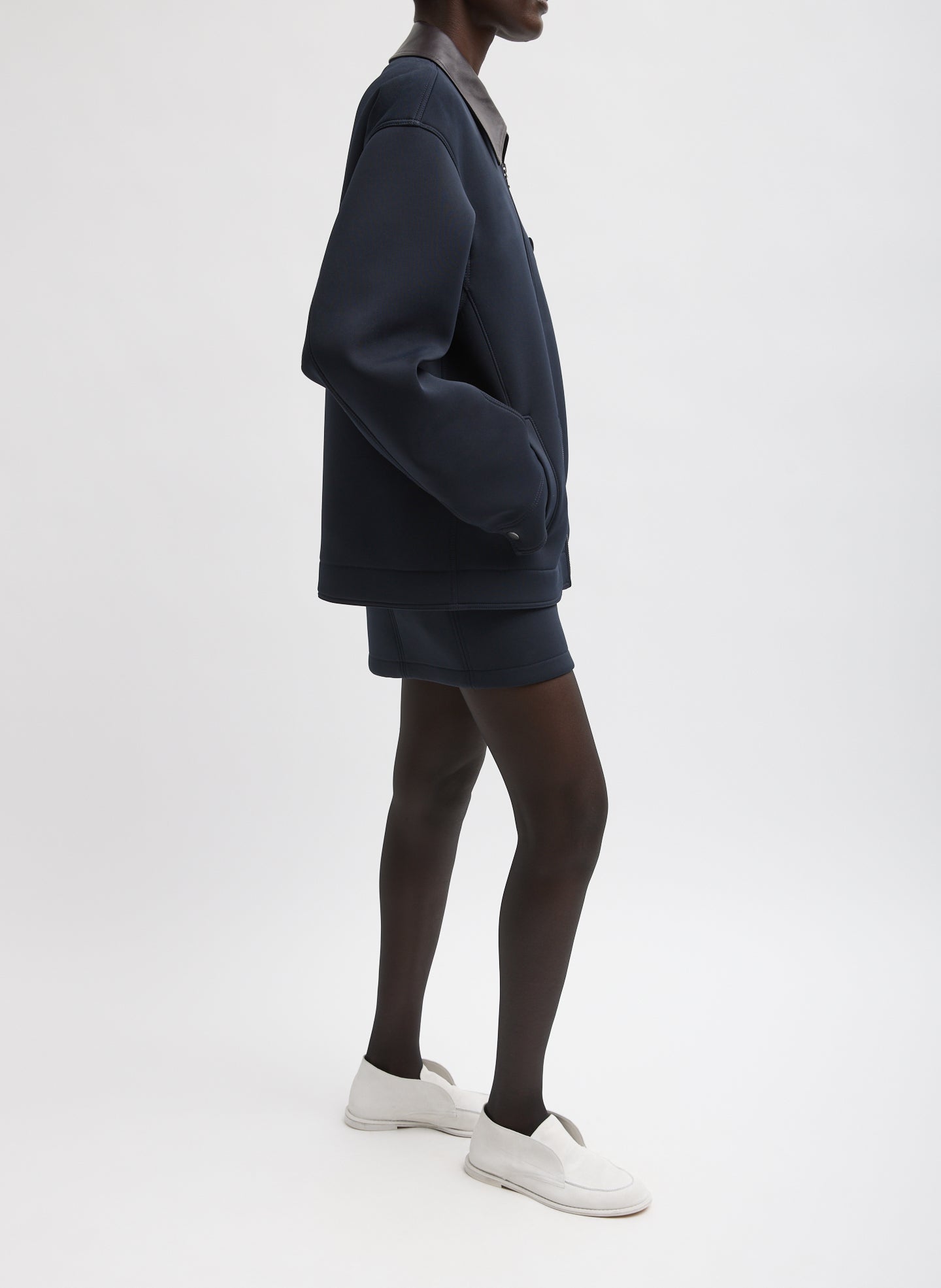 Navy Bonded Twill Unisex Workmen Jacket - full look, side view on model