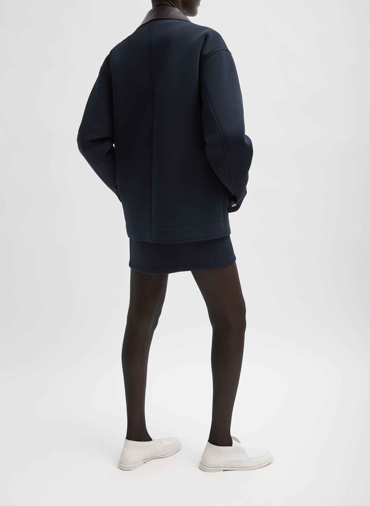 Navy Bonded Twill Unisex Workmen Jacket - full look, back view on model