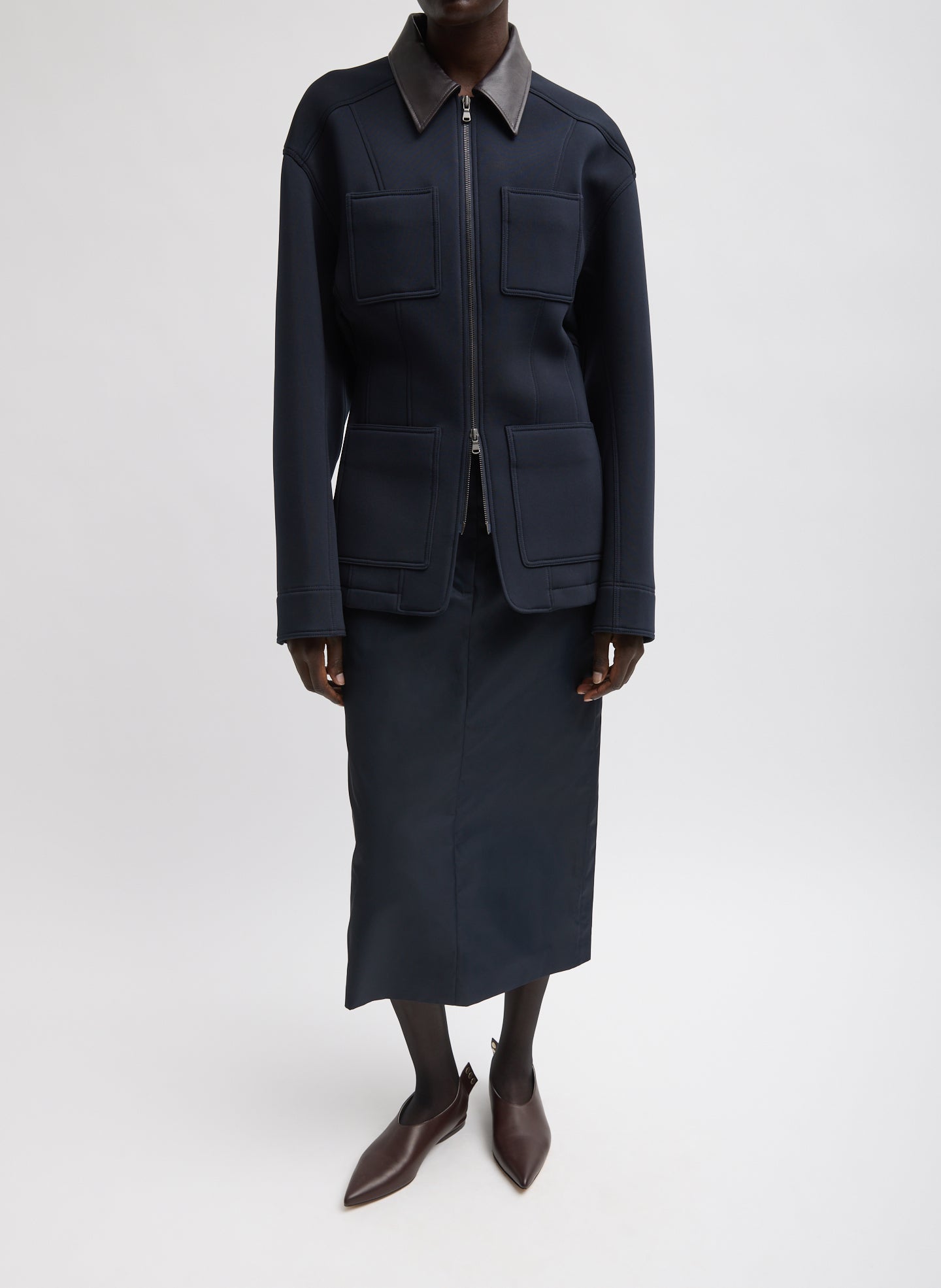Bonded Twill Sculpted Workmen Jacket Navy - full look, front view on model