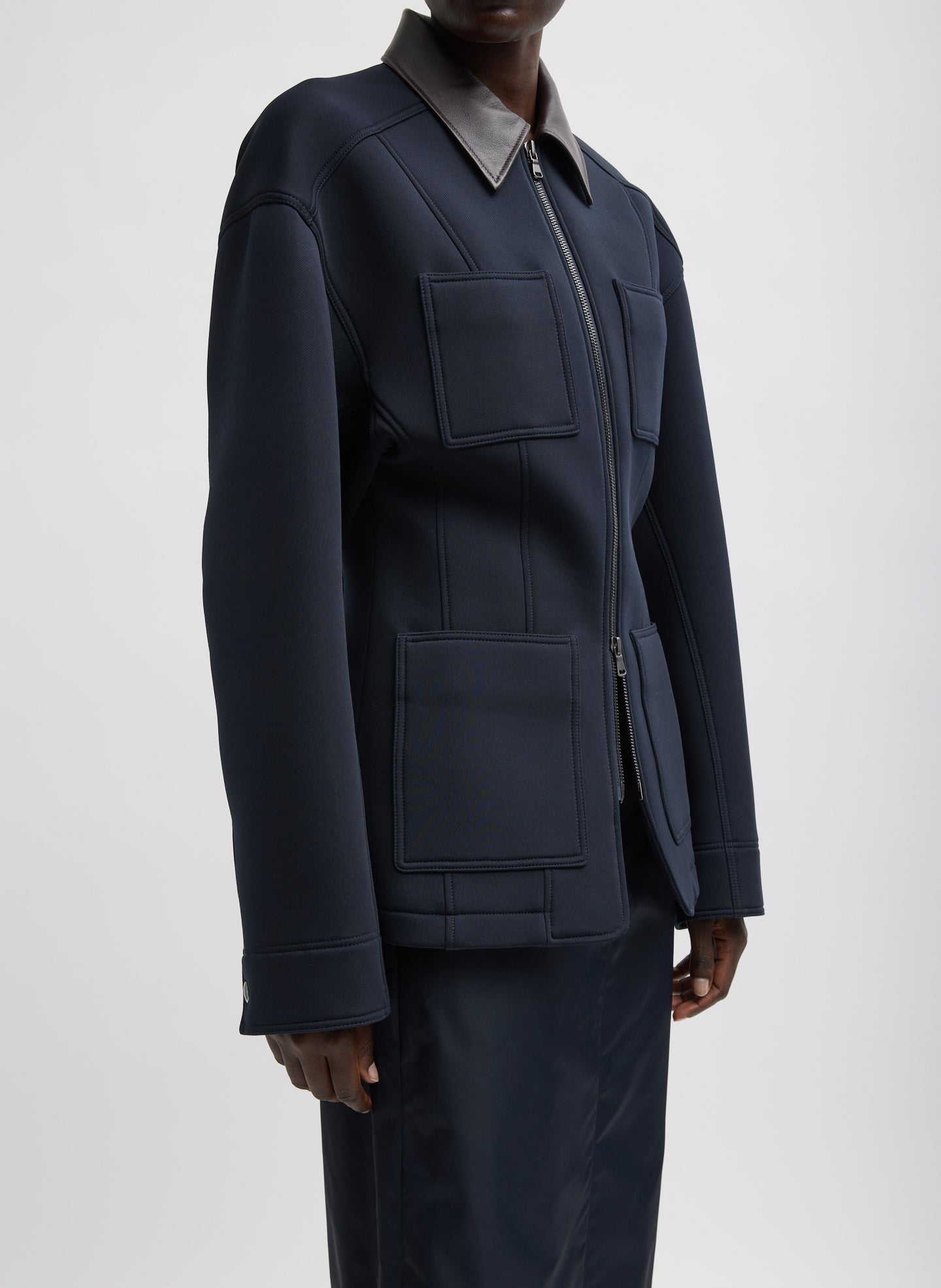 Bonded Twill Sculpted Workmen Jacket Navy - contrast collar, side view on model
