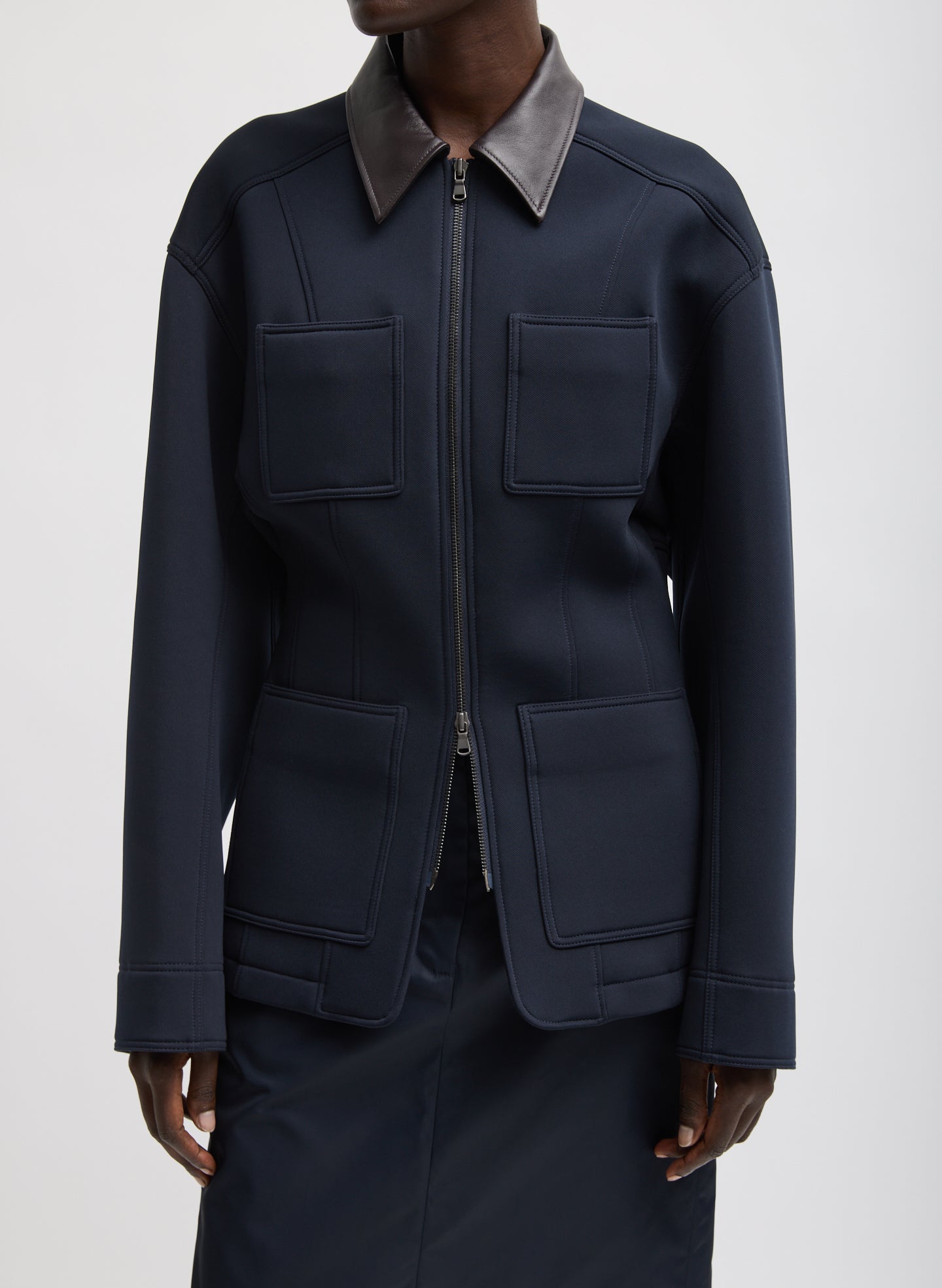 Bonded Twill Sculpted Workmen Jacket Navy - contrast collar, front view on model