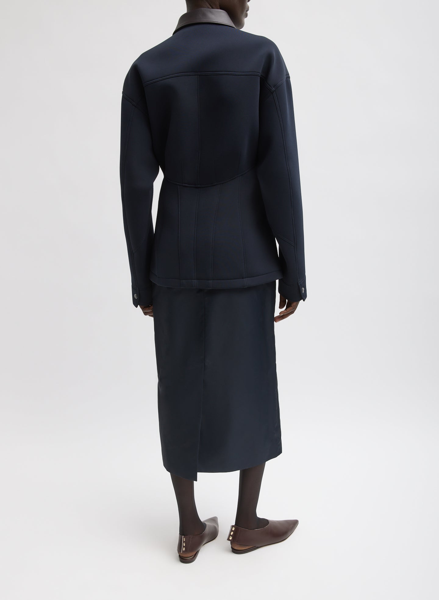 Bonded Twill Sculpted Workmen Jacket Navy - full look, back view on model