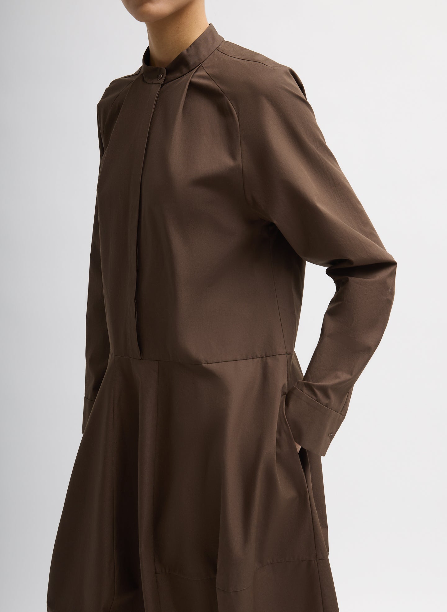 Brown Compact Eco Poplin Balloon Dress - closeup of top half, neckline and sleeves