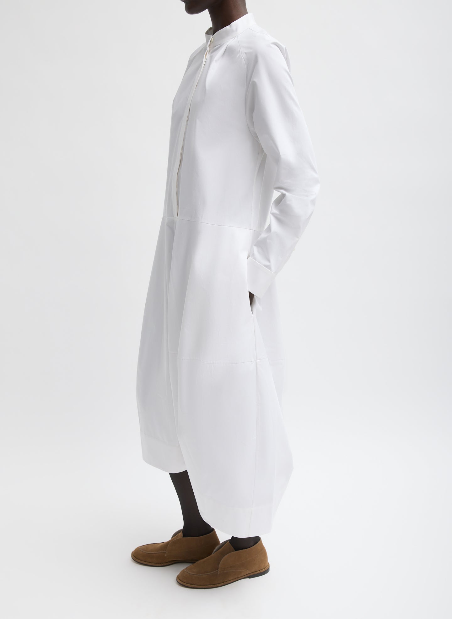 White Compact Eco Poplin Balloon Dress - side view on model