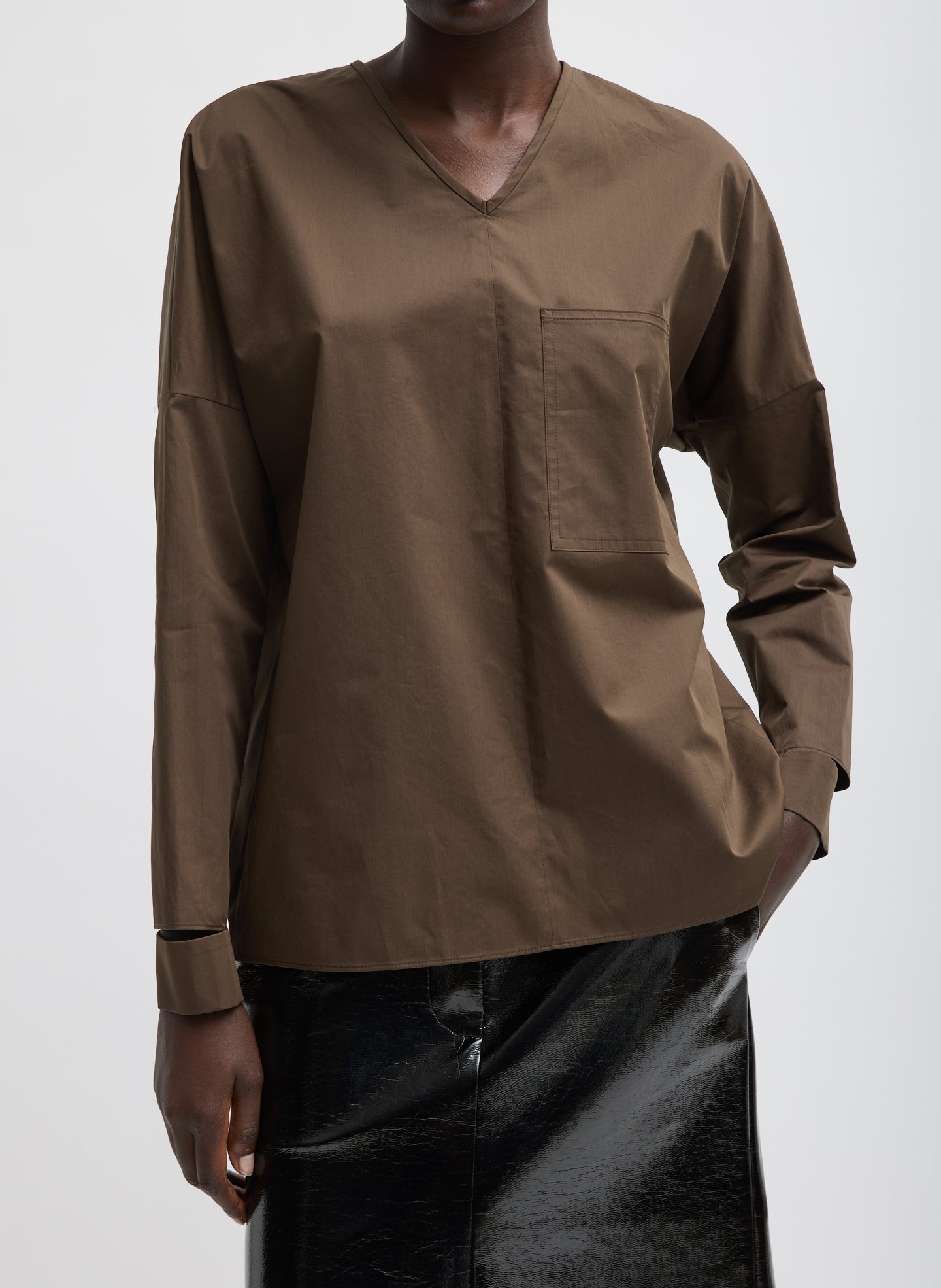 Brown Eco Poplin V-Neck Dolman Top - front view on model