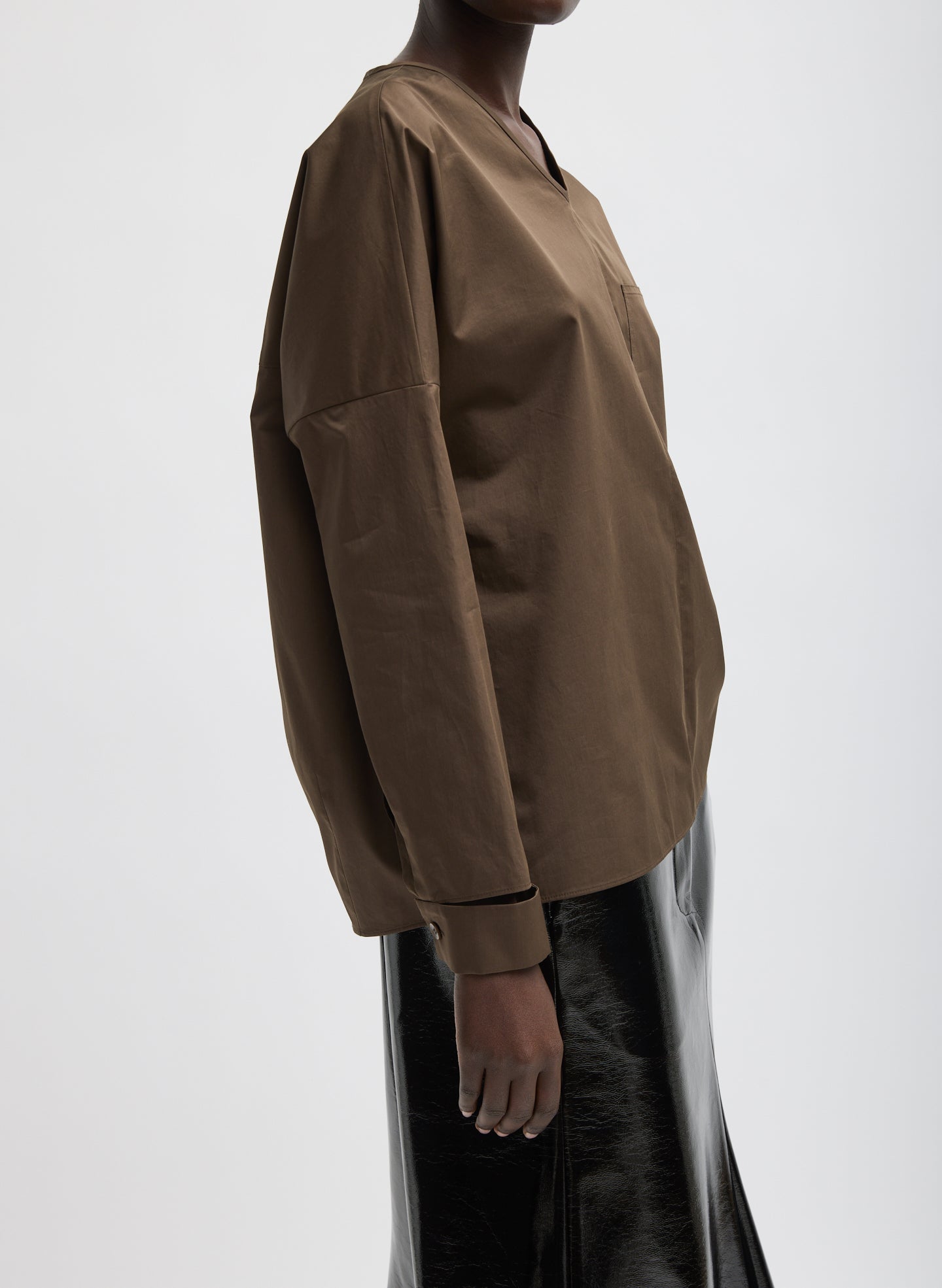Brown Eco Poplin V-Neck Dolman Top - side view on model