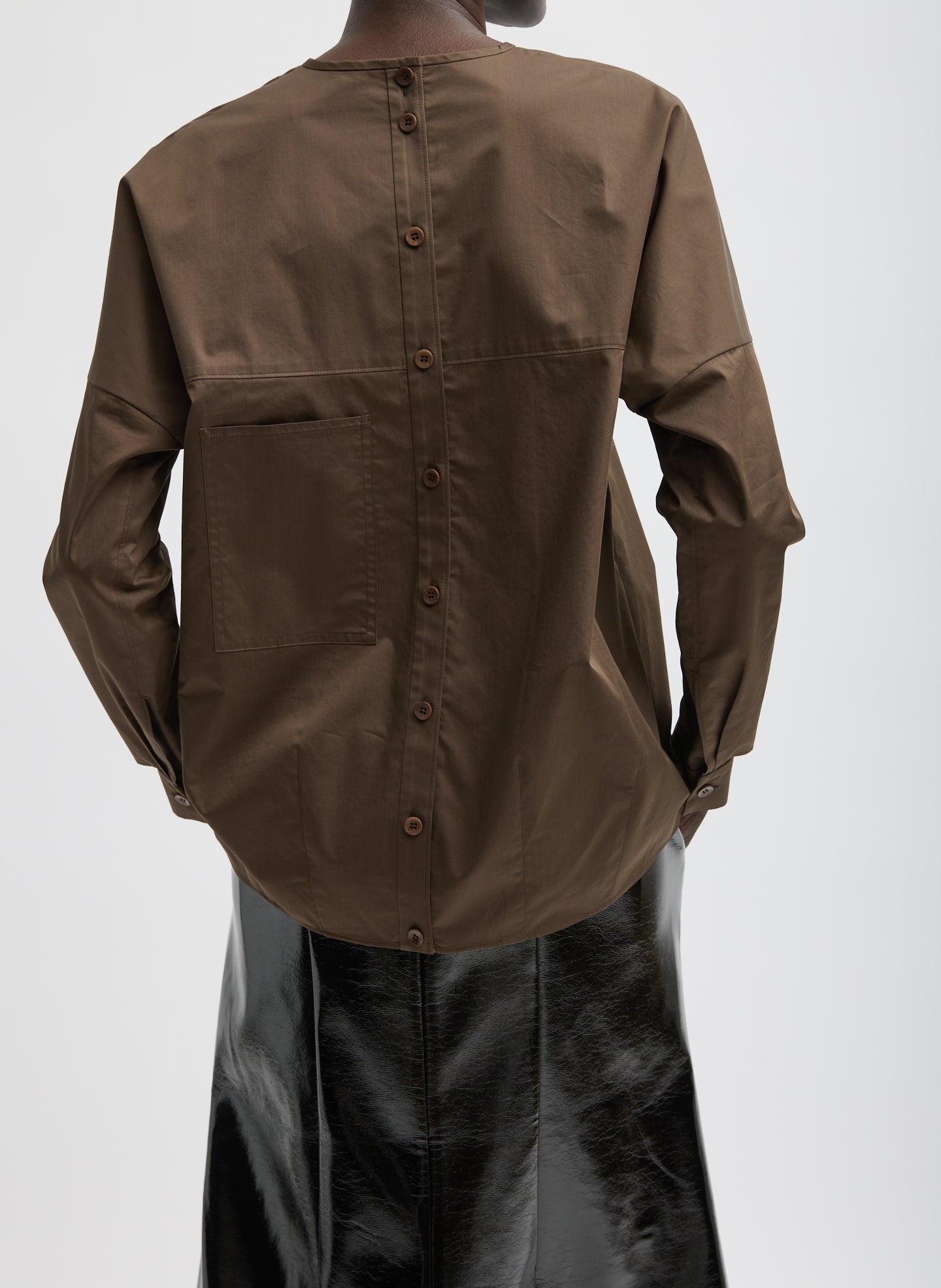 Brown Eco Poplin V-Neck Dolman Top - back view on model